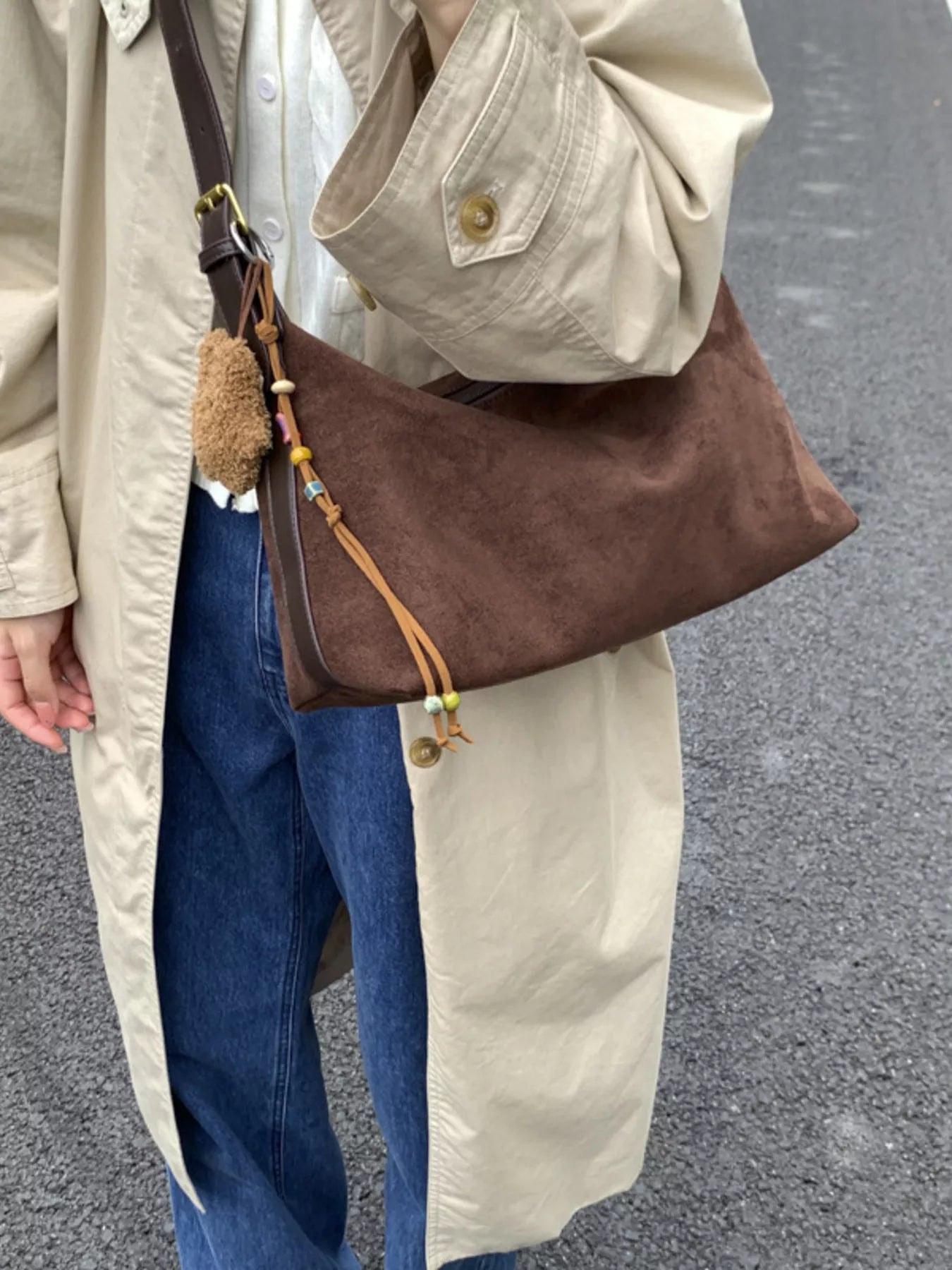 Solid Color Suede Hobo Crossbody Bag - MAD RUFFI