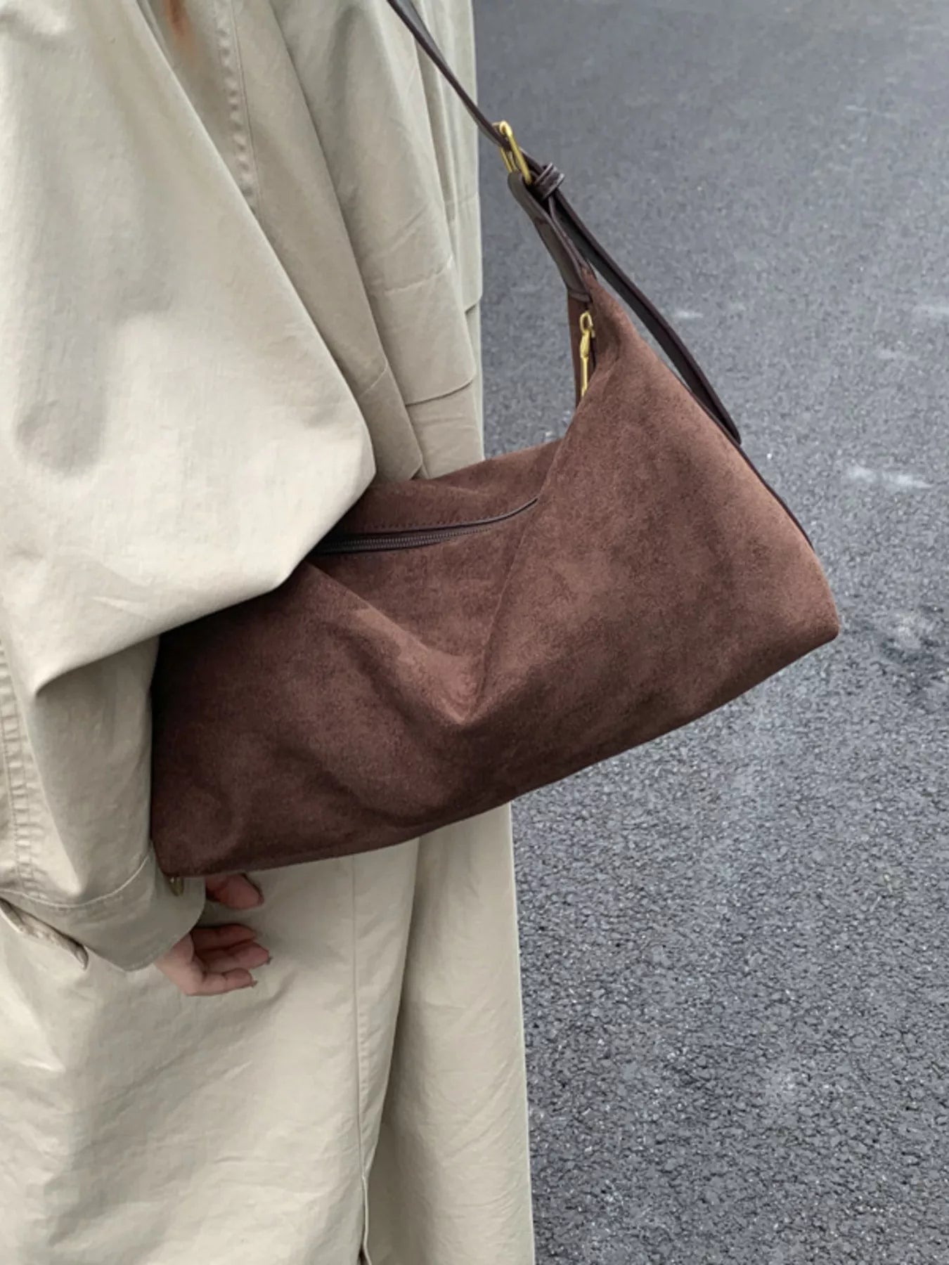 Solid Color Suede Hobo Crossbody Bag - MAD RUFFI