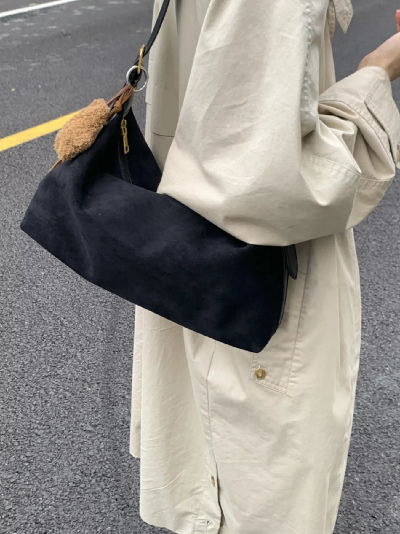 Solid Color Suede Hobo Crossbody Bag - MAD RUFFI