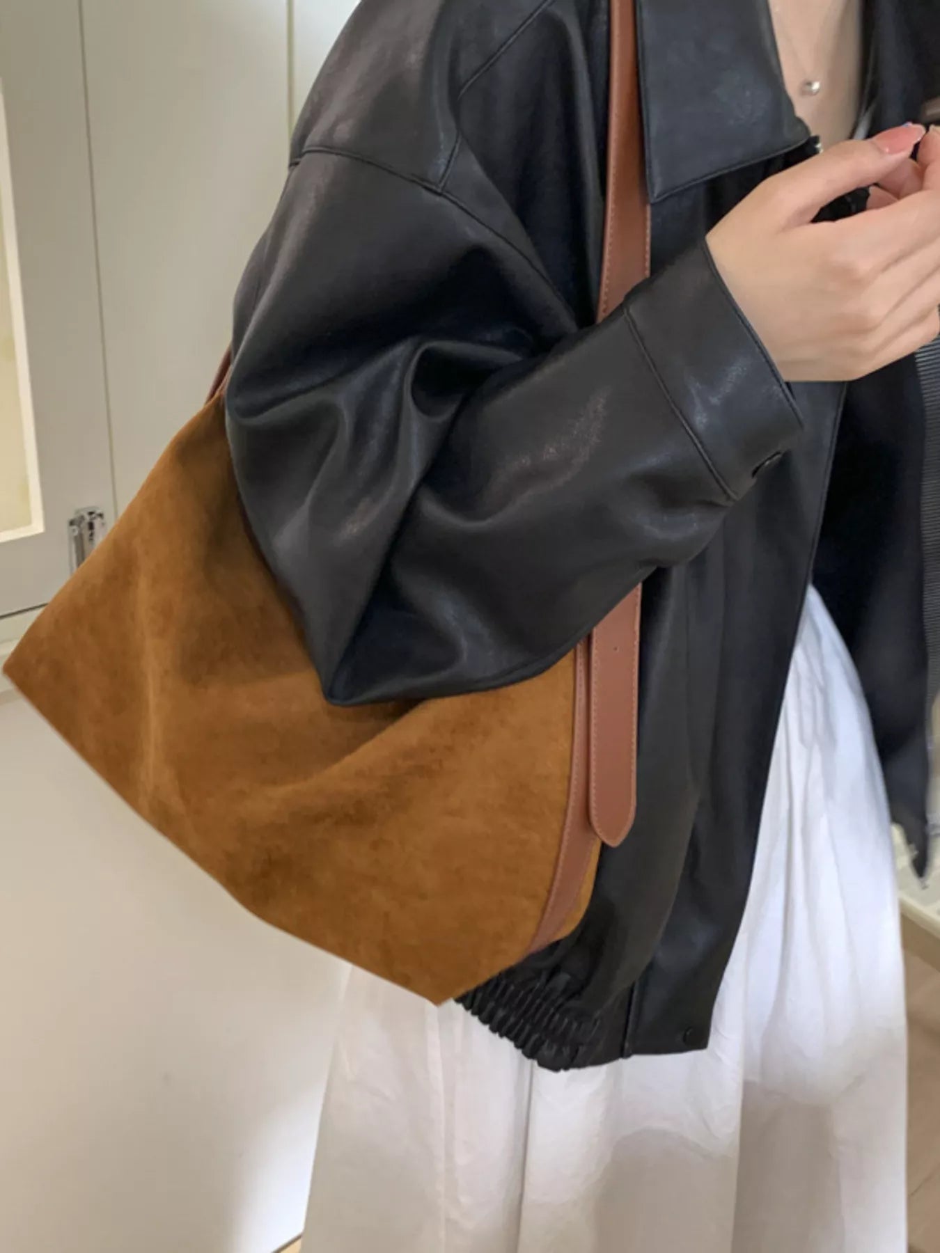 Solid Color Suede Hobo Crossbody Bag - MAD RUFFI