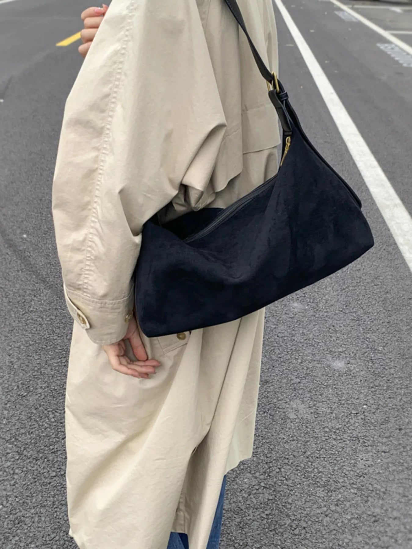 Solid Color Suede Hobo Crossbody Bag - MAD RUFFI