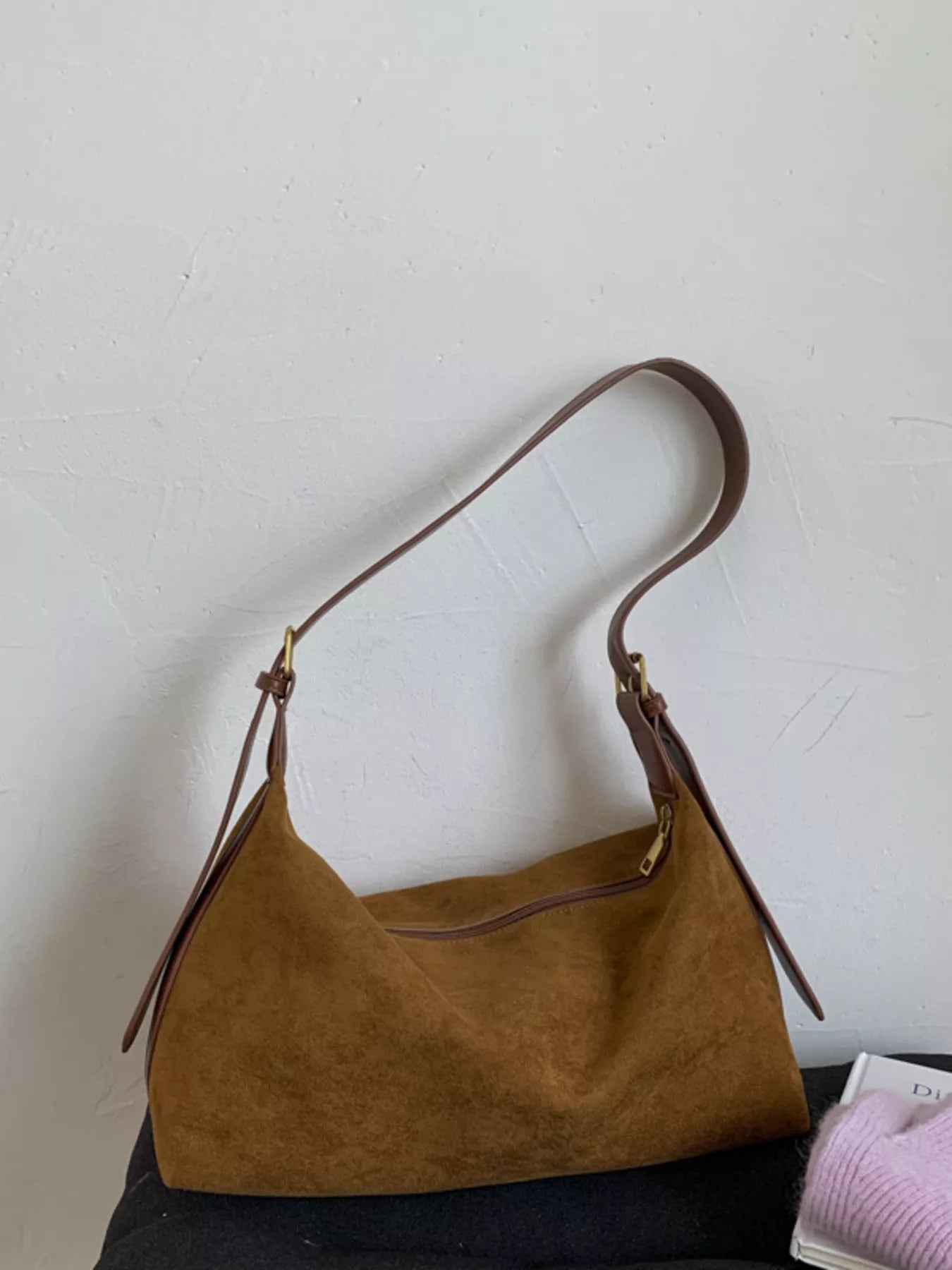 Solid Color Suede Hobo Crossbody Bag - MAD RUFFI
