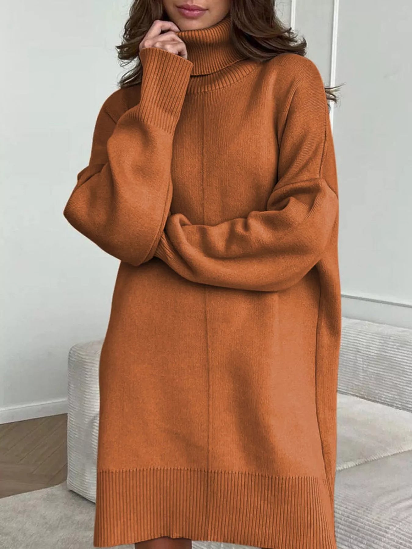 Solid Color Turtleneck Drop Shoulder Loose Sweater Dress - MAD RUFFI