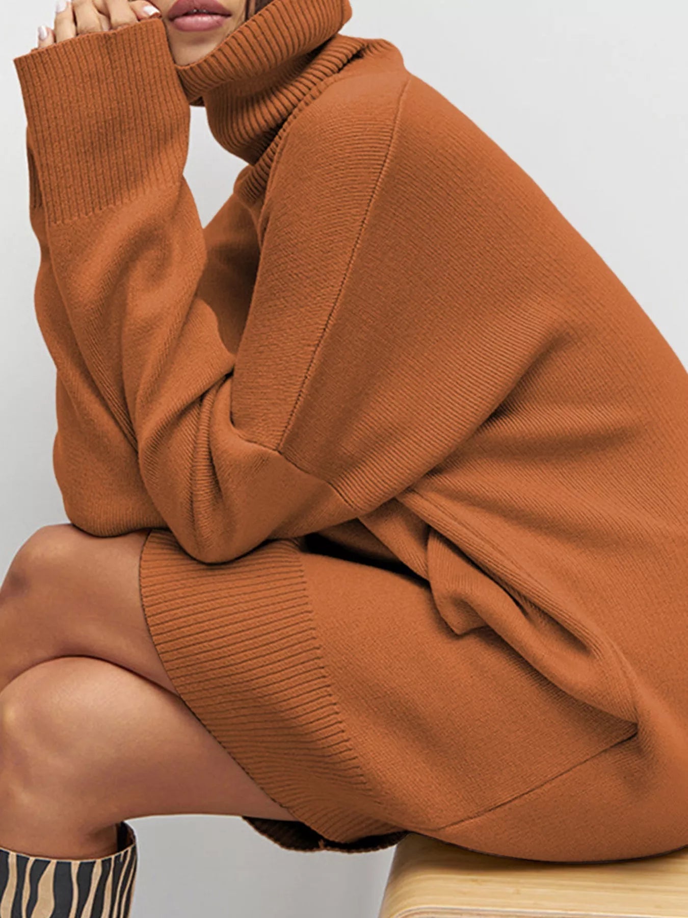 Solid Color Turtleneck Drop Shoulder Loose Sweater Dress - MAD RUFFI