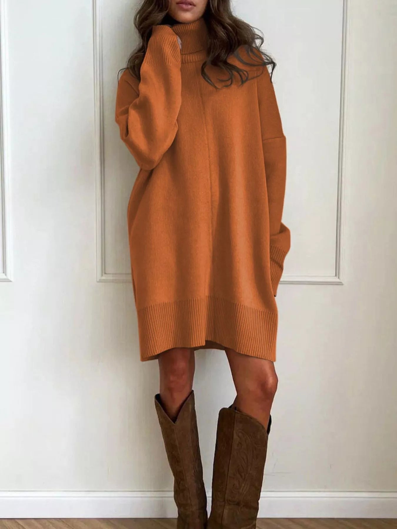 Solid Color Turtleneck Drop Shoulder Loose Sweater Dress - MAD RUFFI