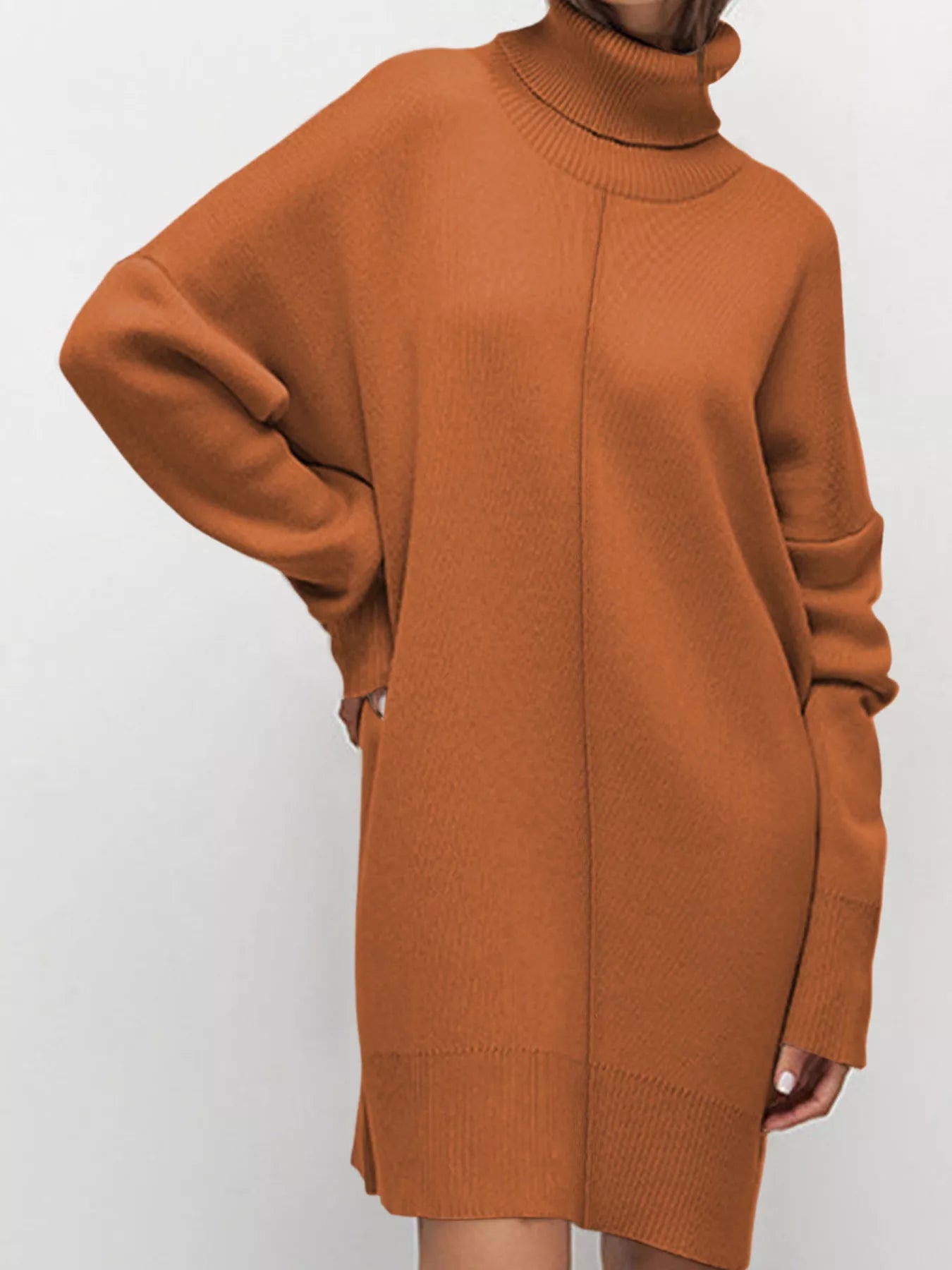 Solid Color Turtleneck Drop Shoulder Loose Sweater Dress - MAD RUFFI