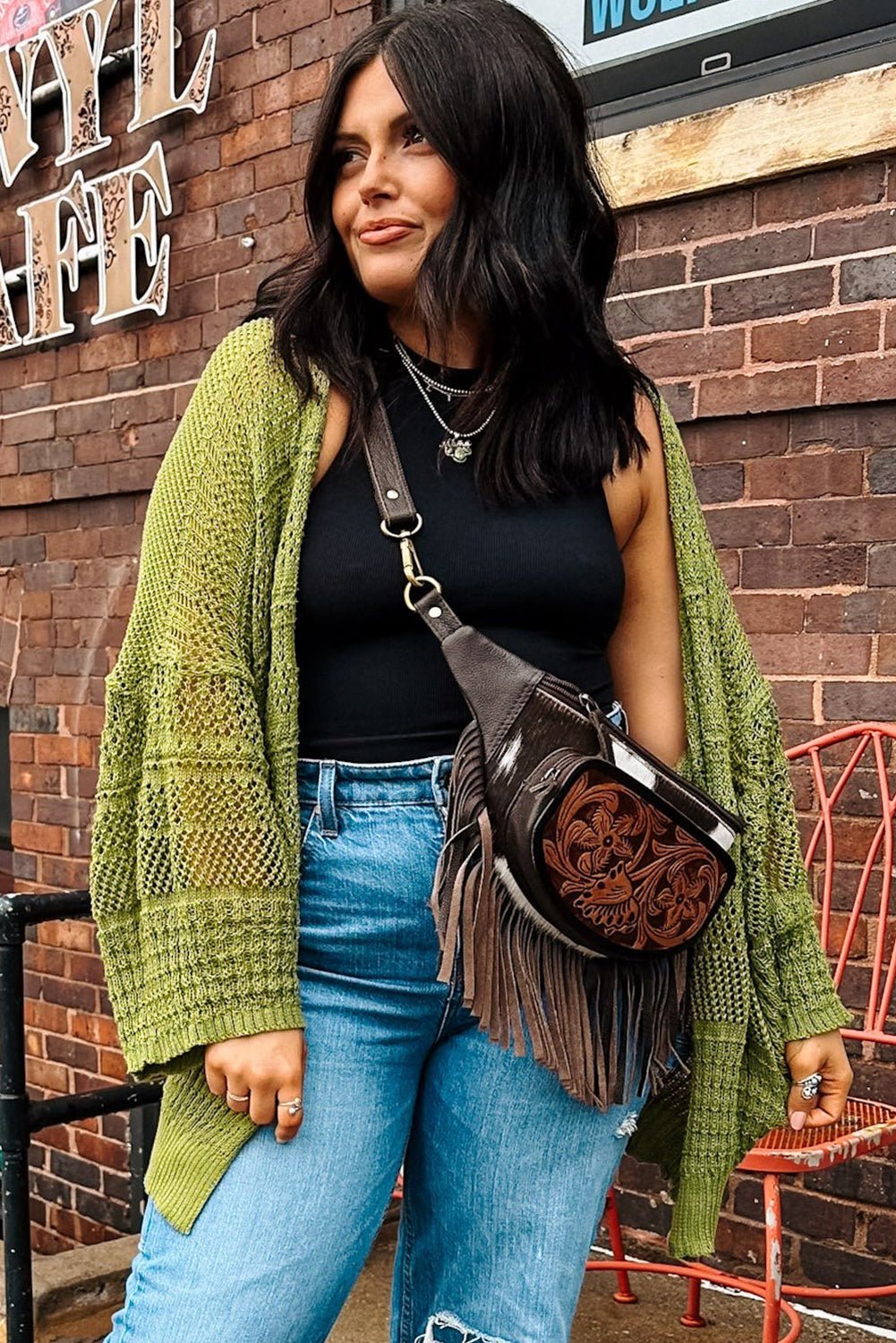 Spinach Green Oversize Crochet Knit Open Cardigan - MAD RUFFI