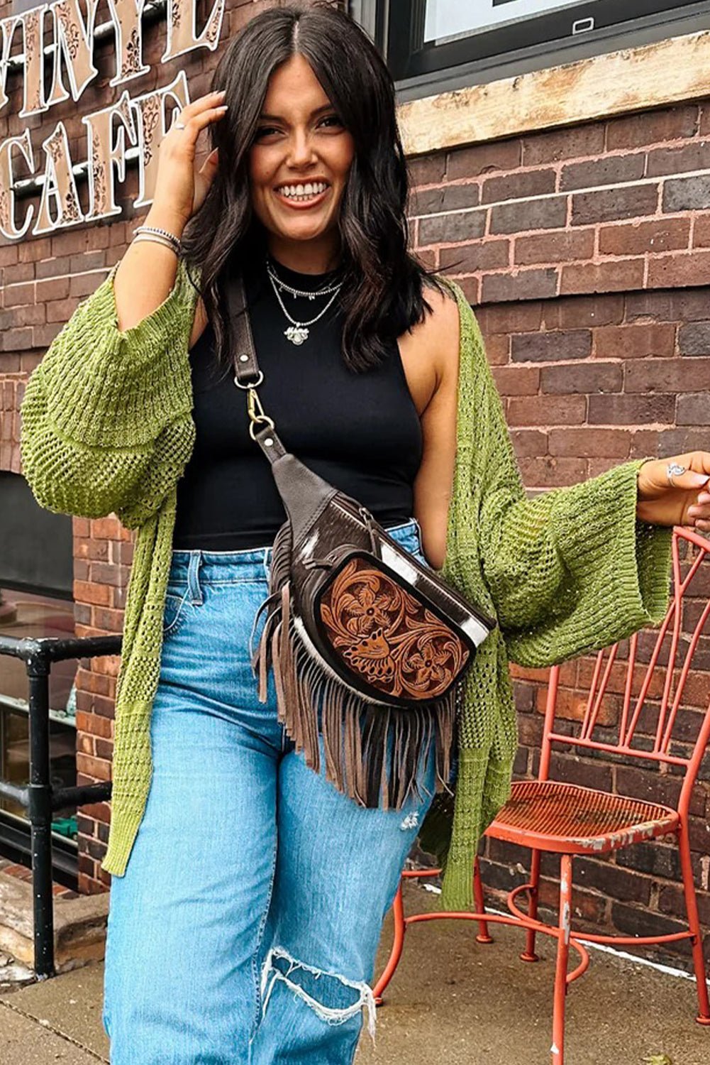 Spinach Green Oversize Crochet Knit Open Cardigan - MAD RUFFI