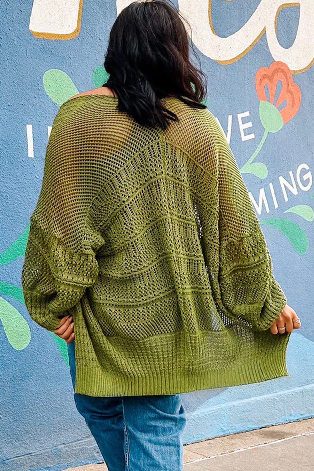 Spinach Green Oversize Crochet Knit Open Cardigan - MAD RUFFI