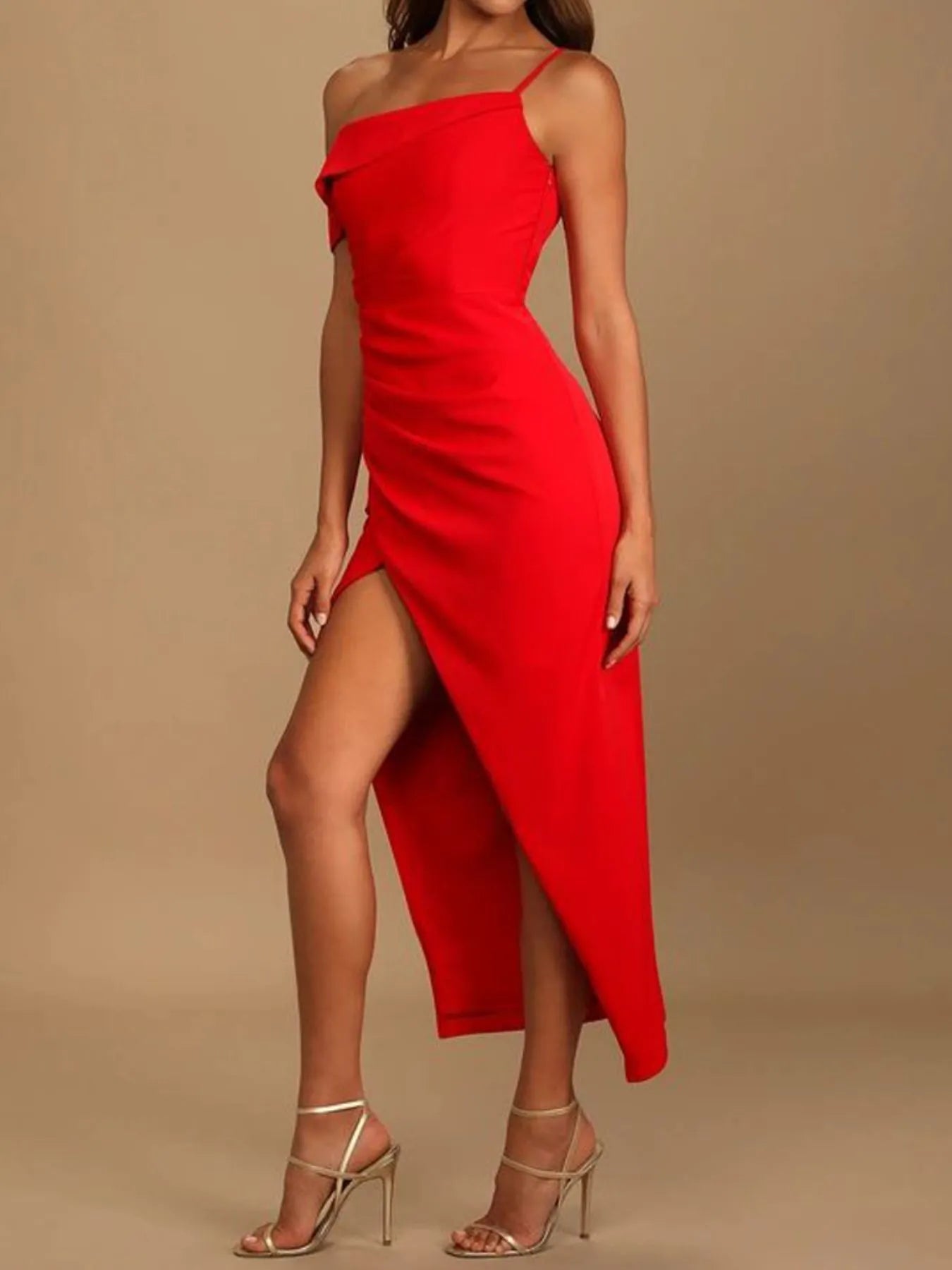 Split Asymmetrical Neck Midi Dress - MAD RUFFI