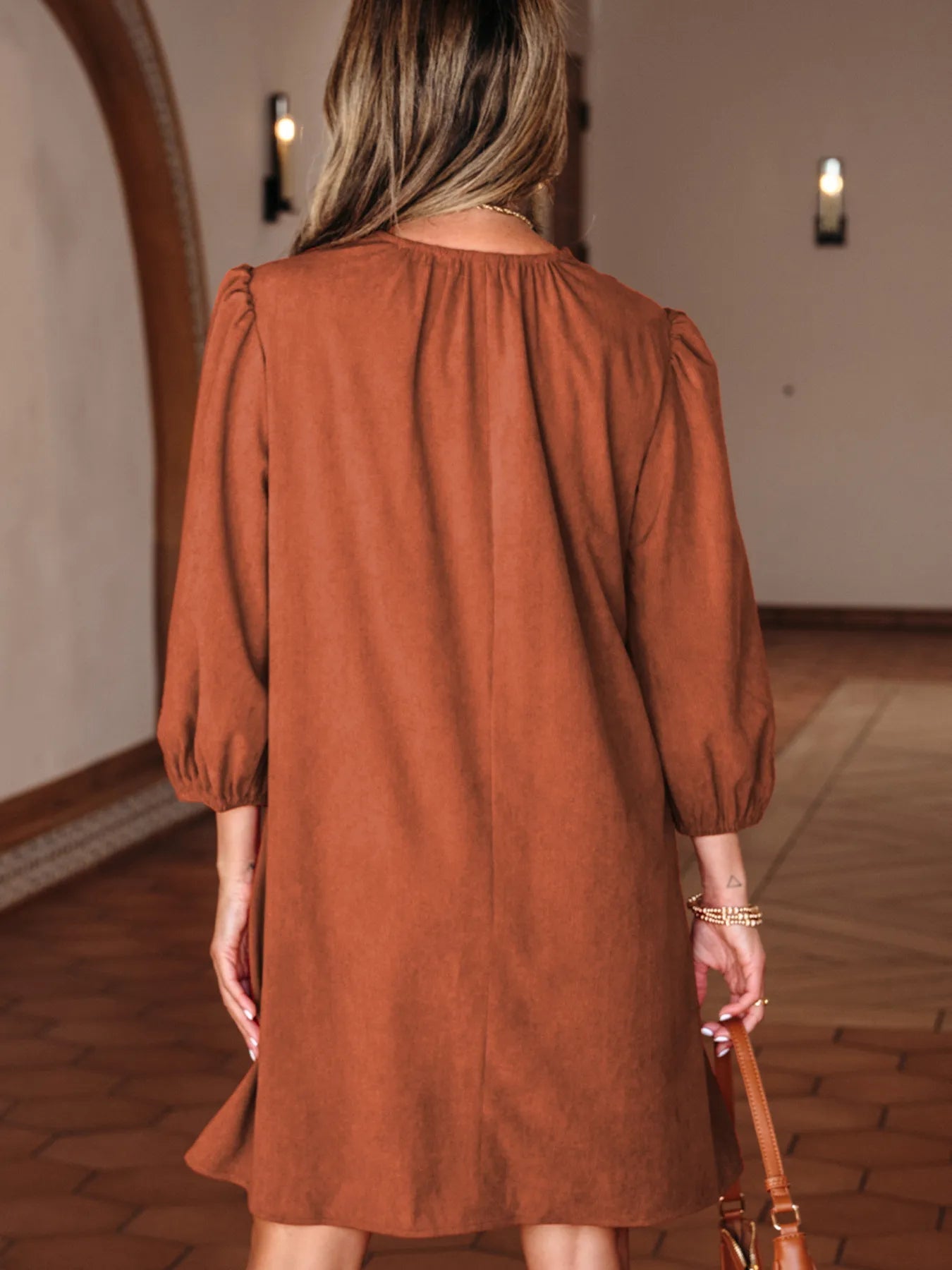 Split Neck Scallop Detail Corduroy Mini Dress - MAD RUFFI