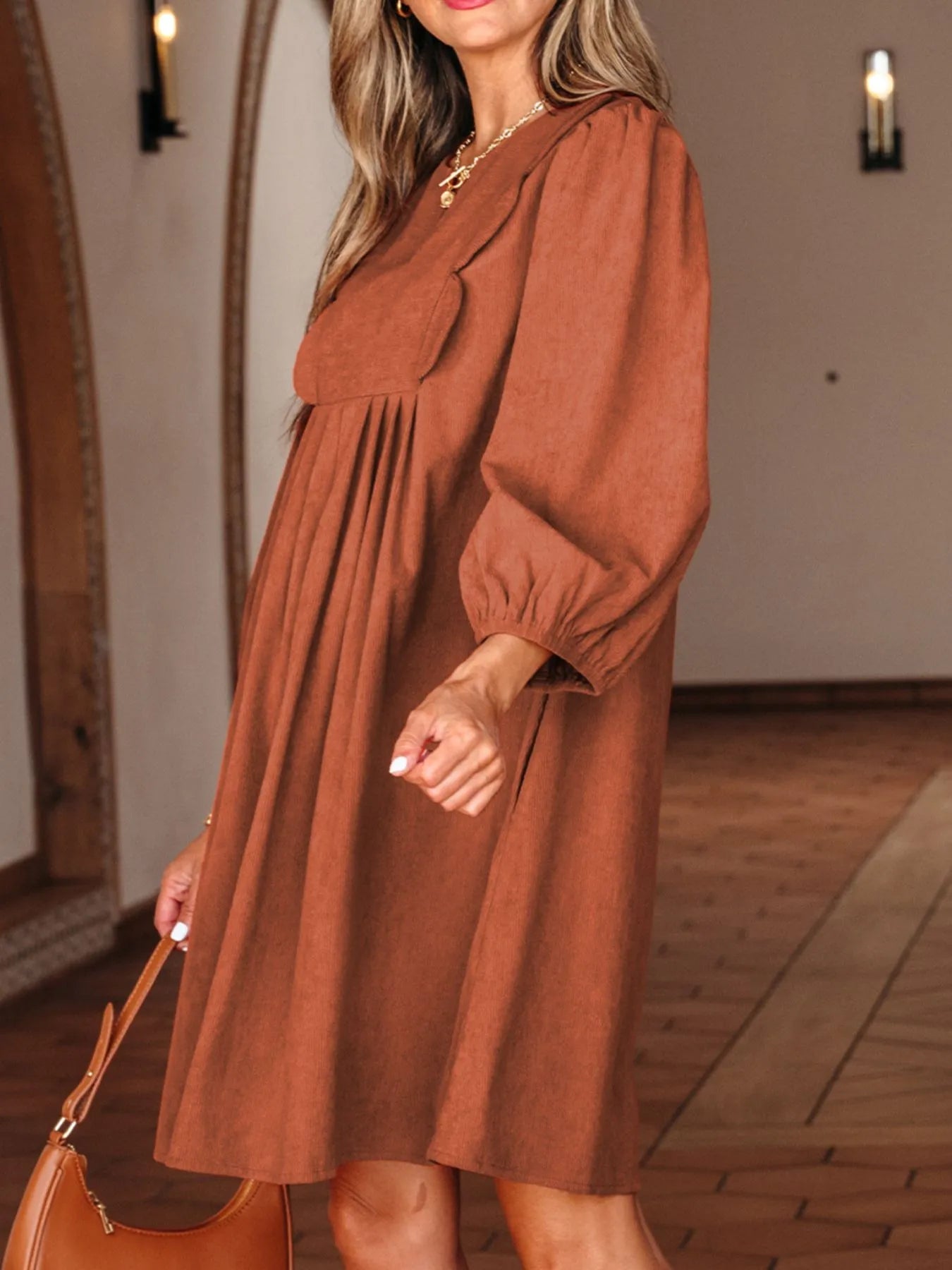 Split Neck Scallop Detail Corduroy Mini Dress - MAD RUFFI