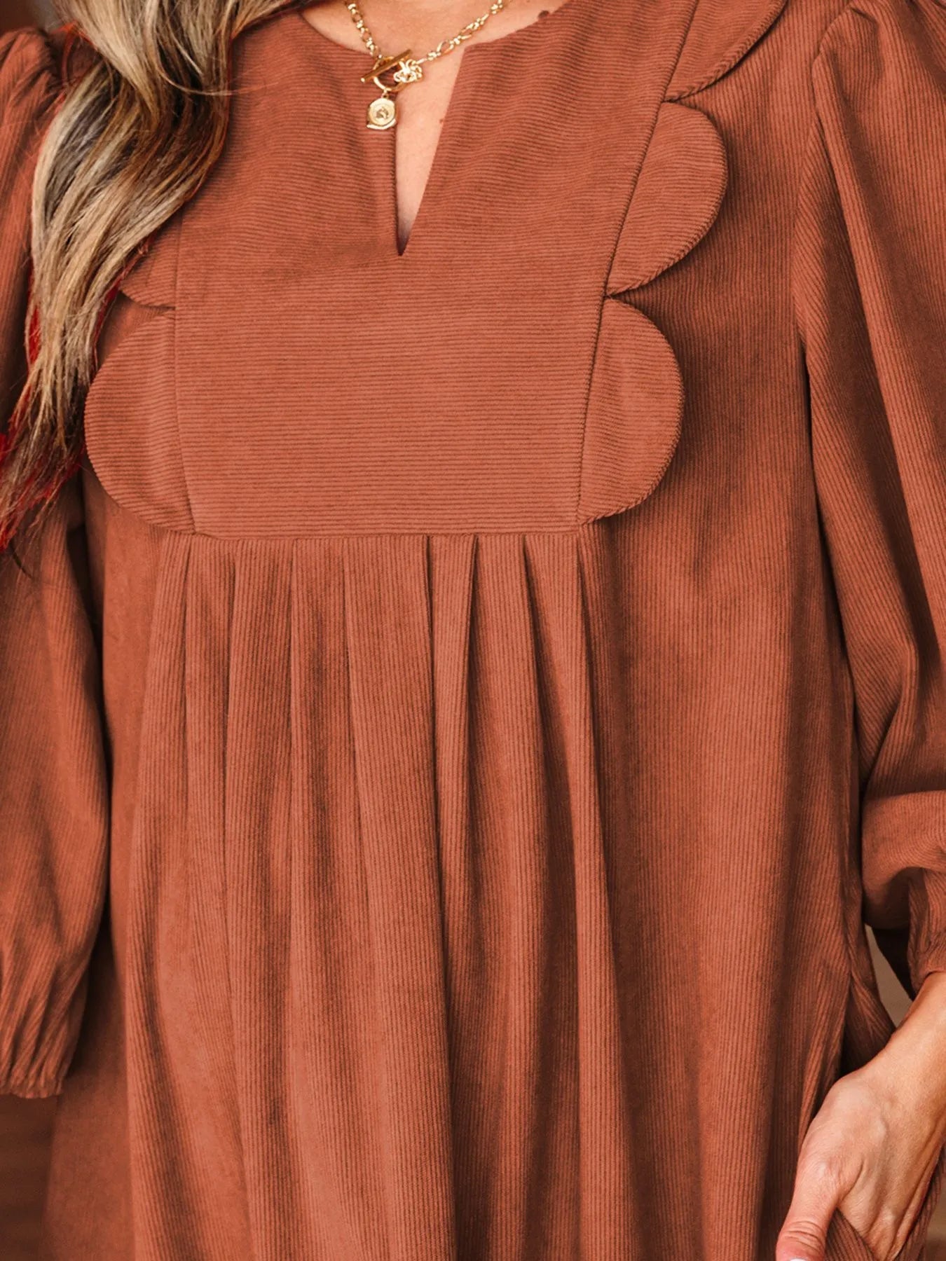 Split Neck Scallop Detail Corduroy Mini Dress - MAD RUFFI