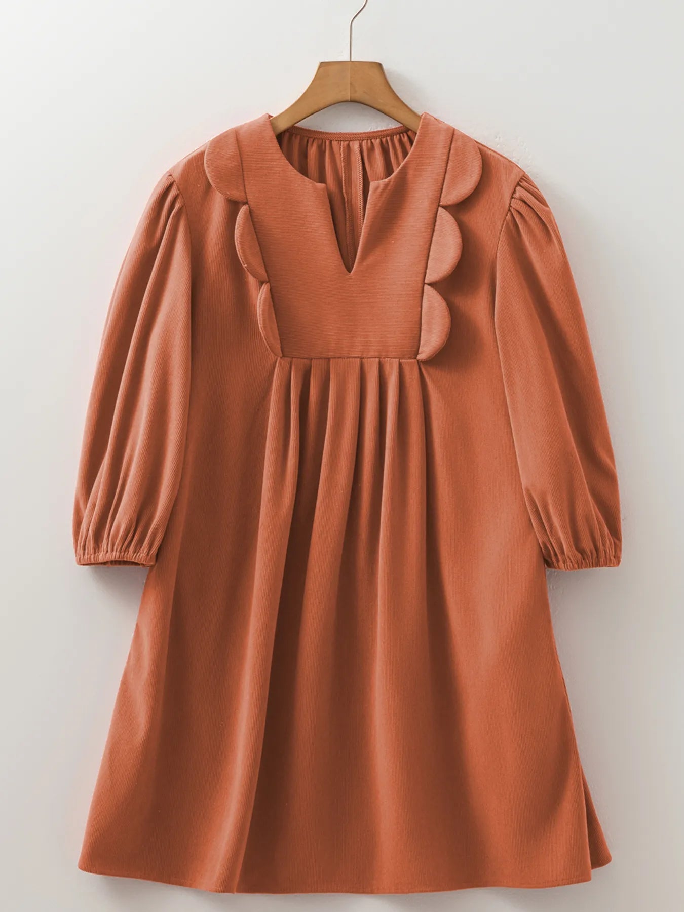 Split Neck Scallop Detail Corduroy Mini Dress - MAD RUFFI