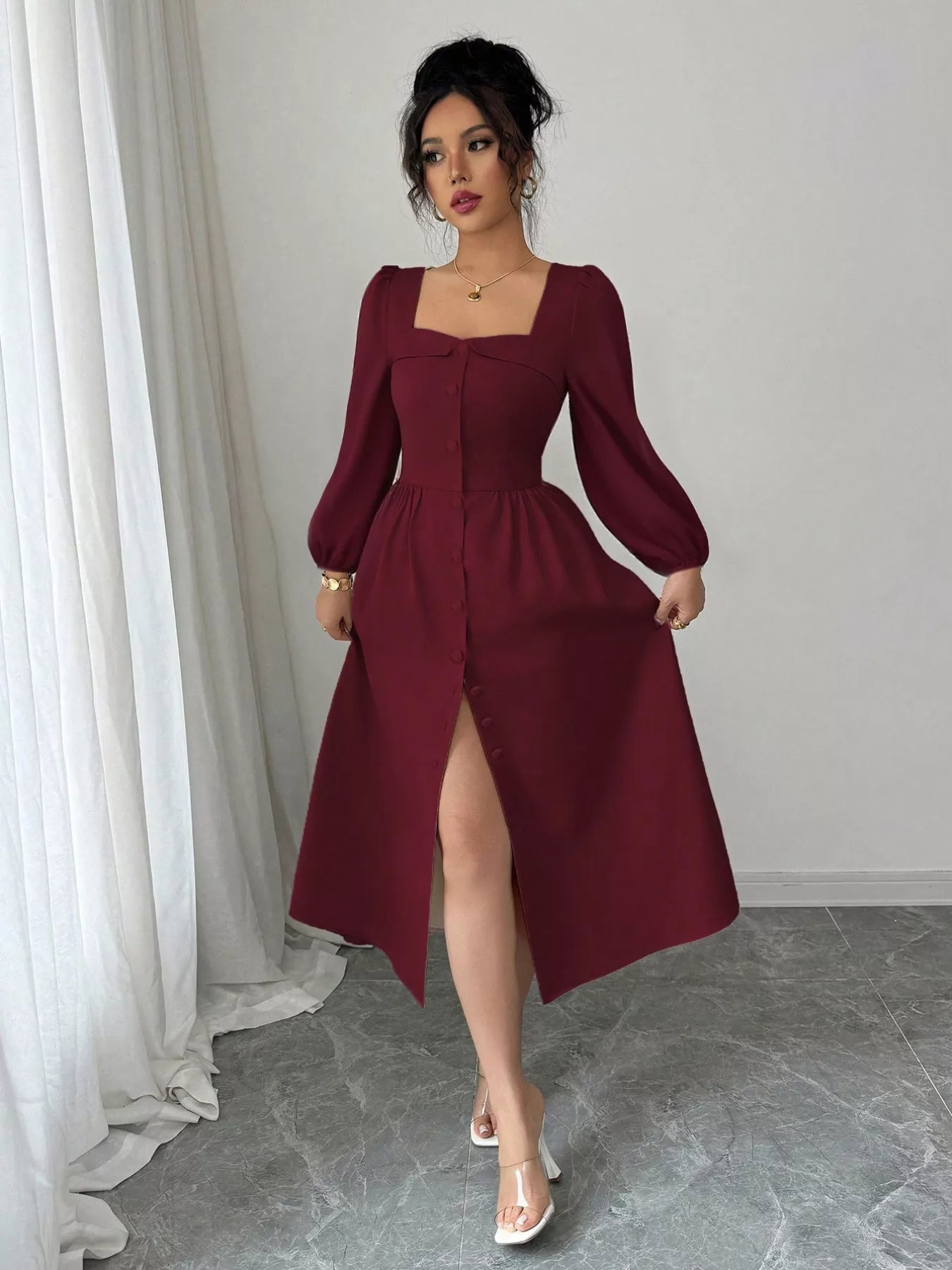 Square Neck Button - Front Midi Dress - MAD RUFFI