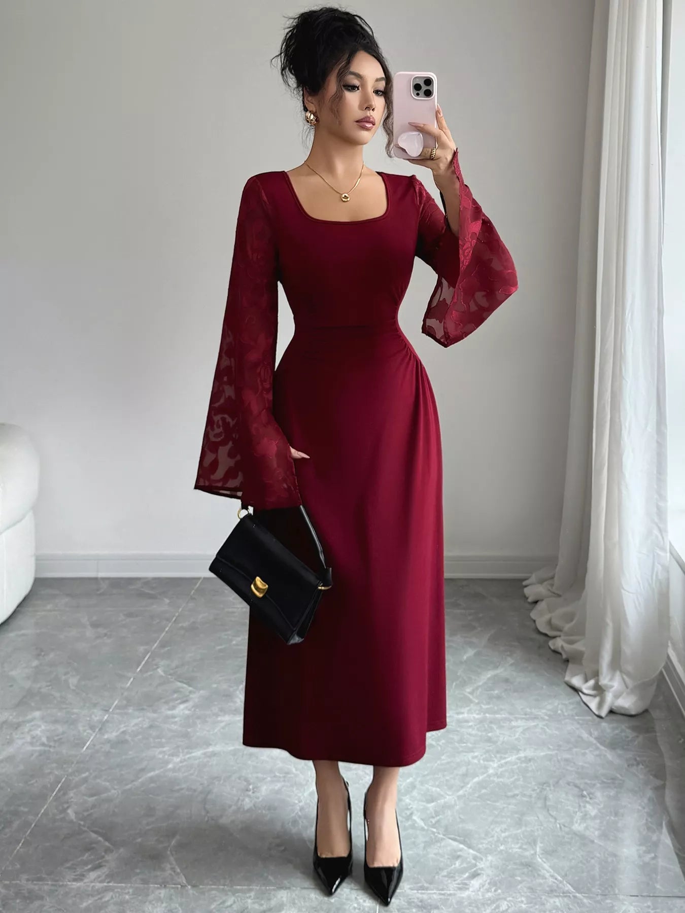 Square Neck Flare Sleeve Midi Dress - MAD RUFFI