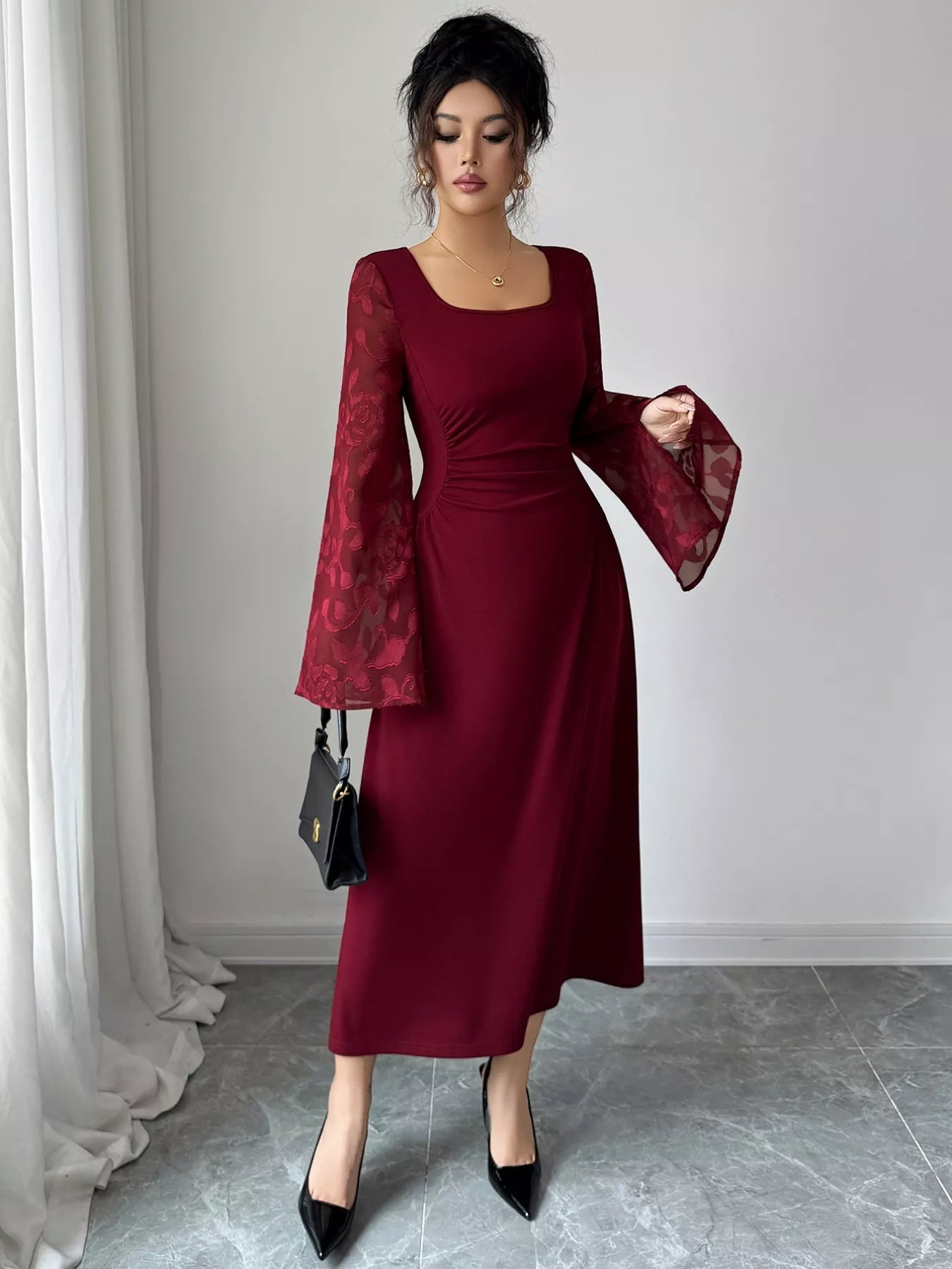 Square Neck Flare Sleeve Midi Dress - MAD RUFFI