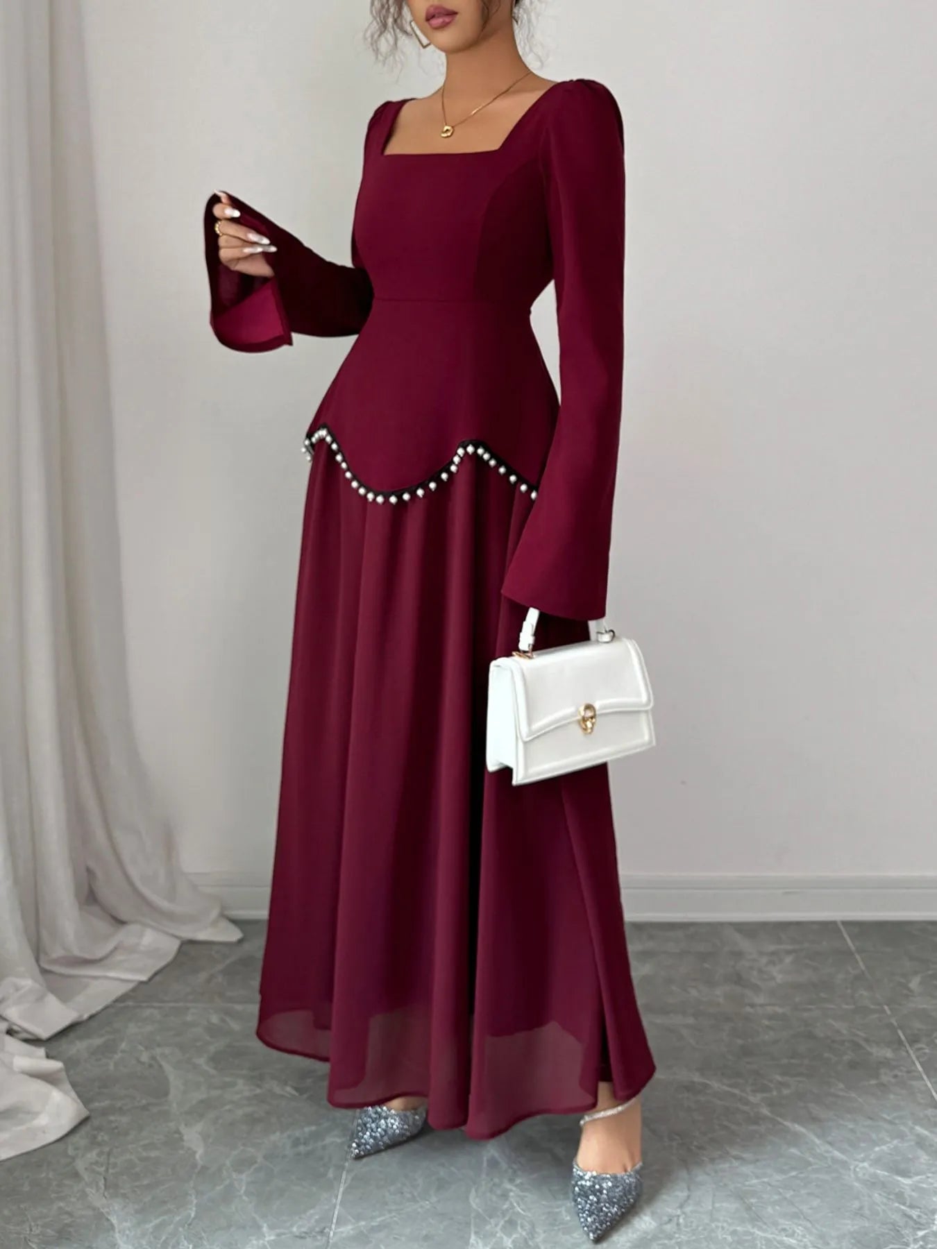 Square Neck Long Sleeve Maxi Dress - MAD RUFFI