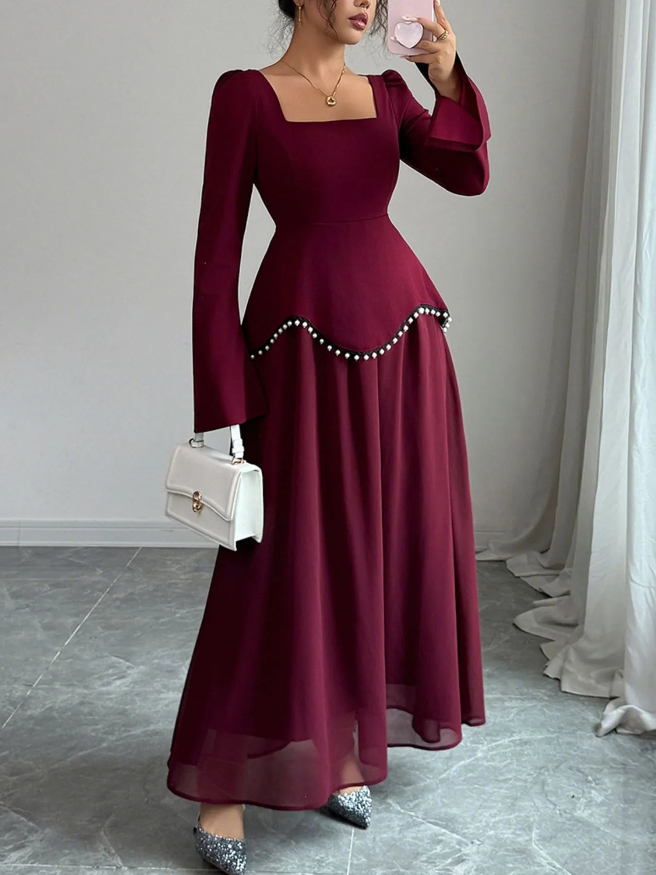 Square Neck Long Sleeve Maxi Dress - MAD RUFFI