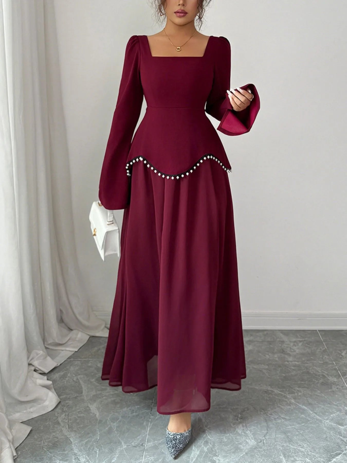 Square Neck Long Sleeve Maxi Dress - MAD RUFFI