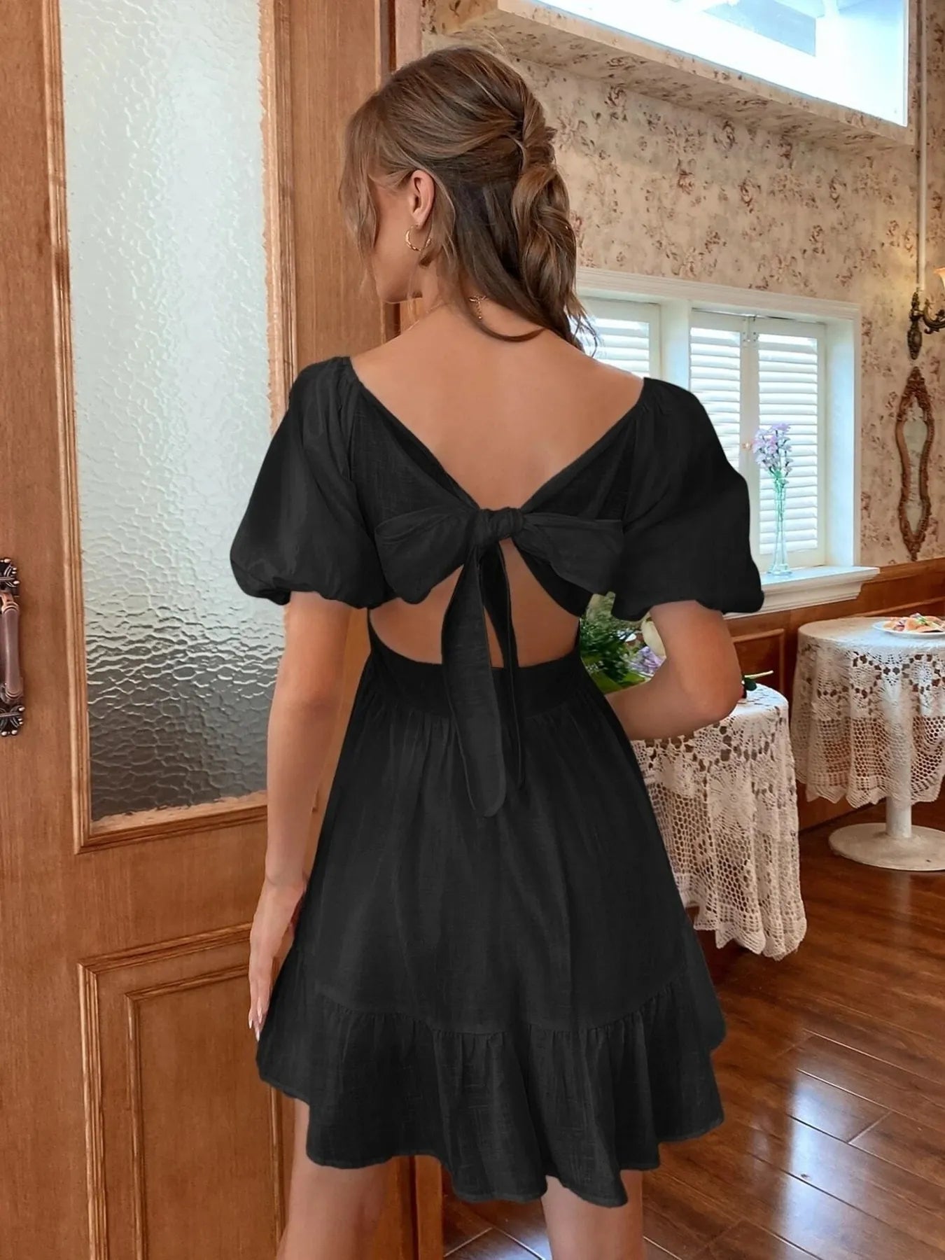 Square Neck Puff Sleeve Mini Dress - MAD RUFFI