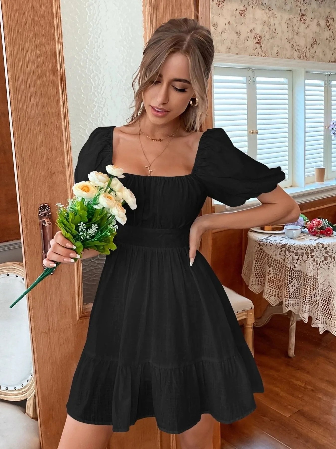 Square Neck Puff Sleeve Mini Dress - MAD RUFFI