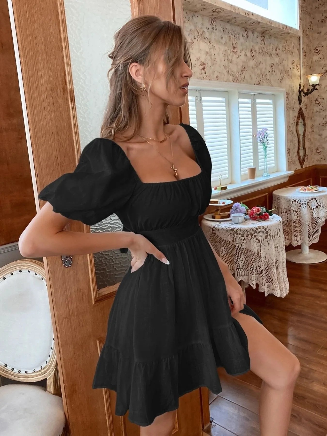 Square Neck Puff Sleeve Mini Dress - MAD RUFFI