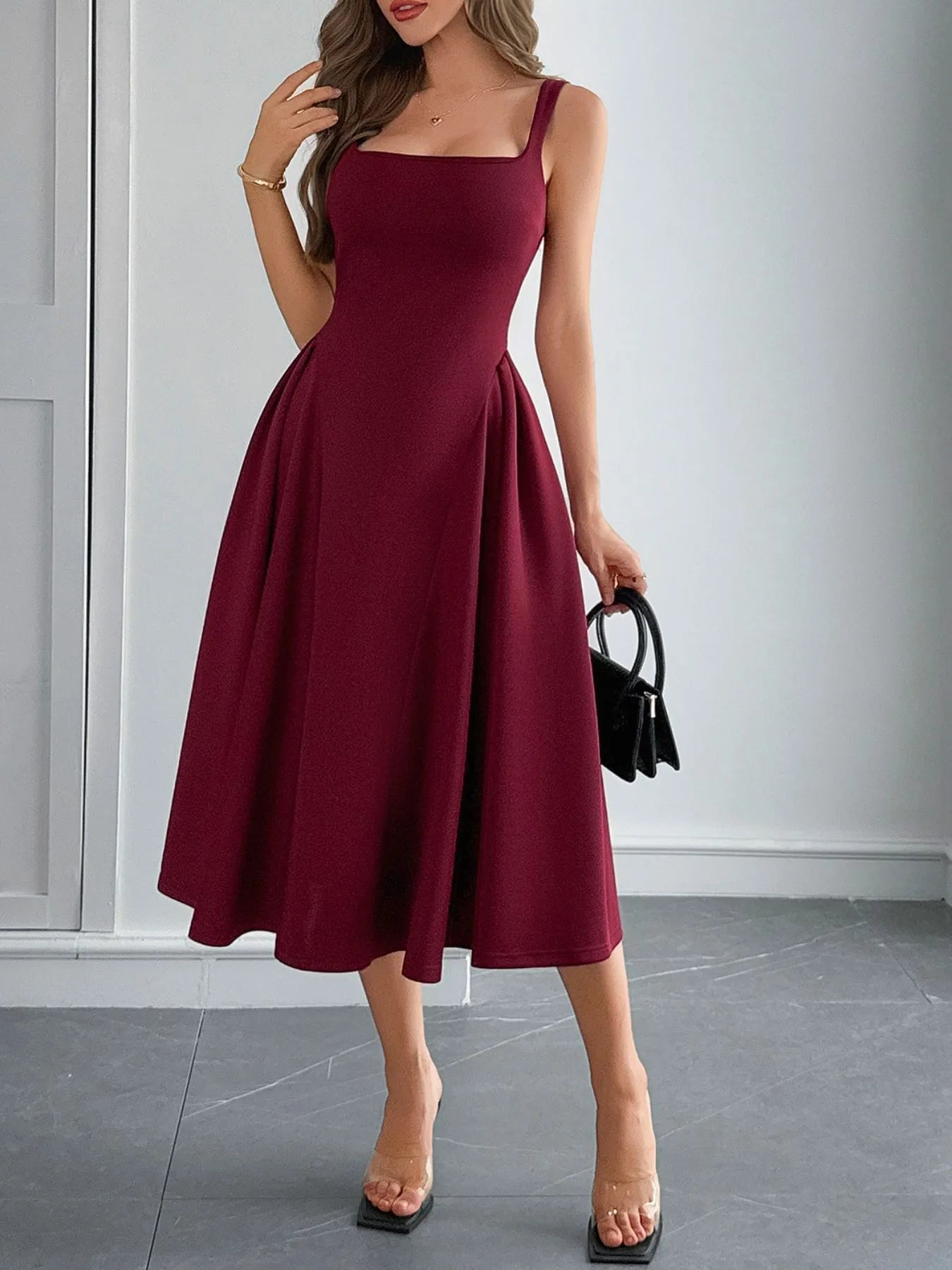 Square Neck Wide Strap Midi Dress - MAD RUFFI