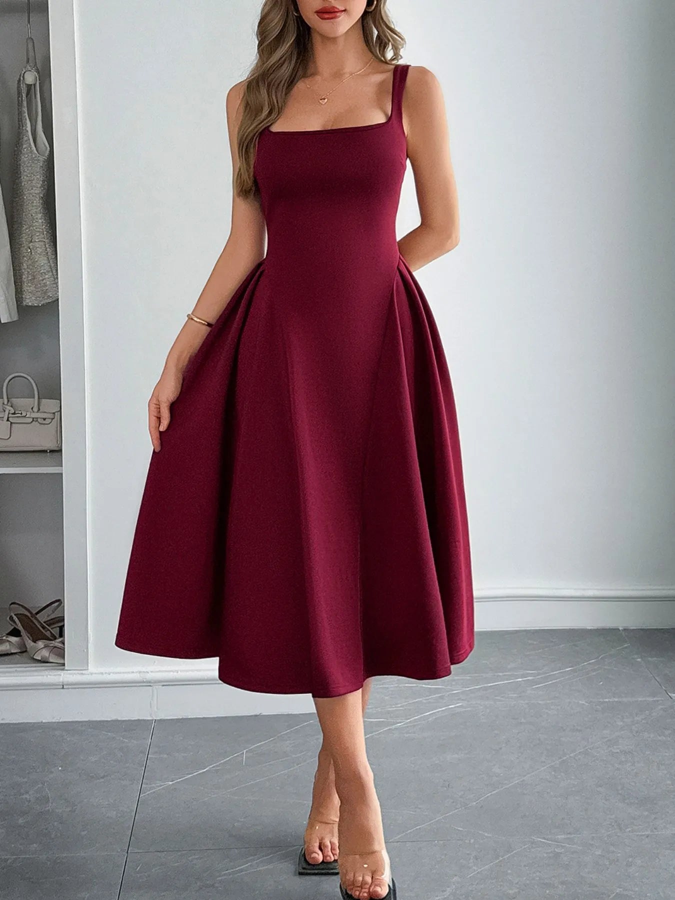 Square Neck Wide Strap Midi Dress - MAD RUFFI