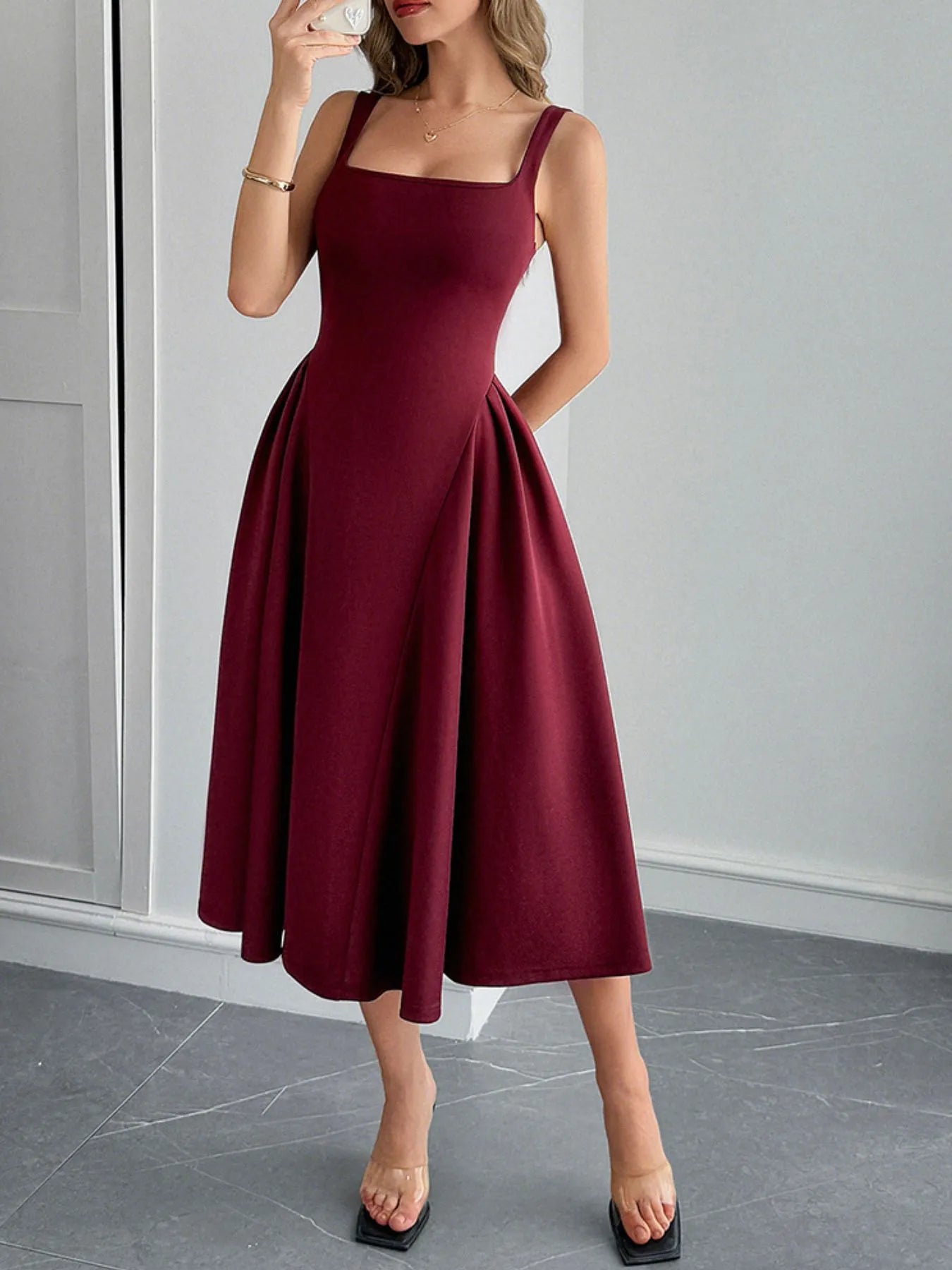Square Neck Wide Strap Midi Dress - MAD RUFFI