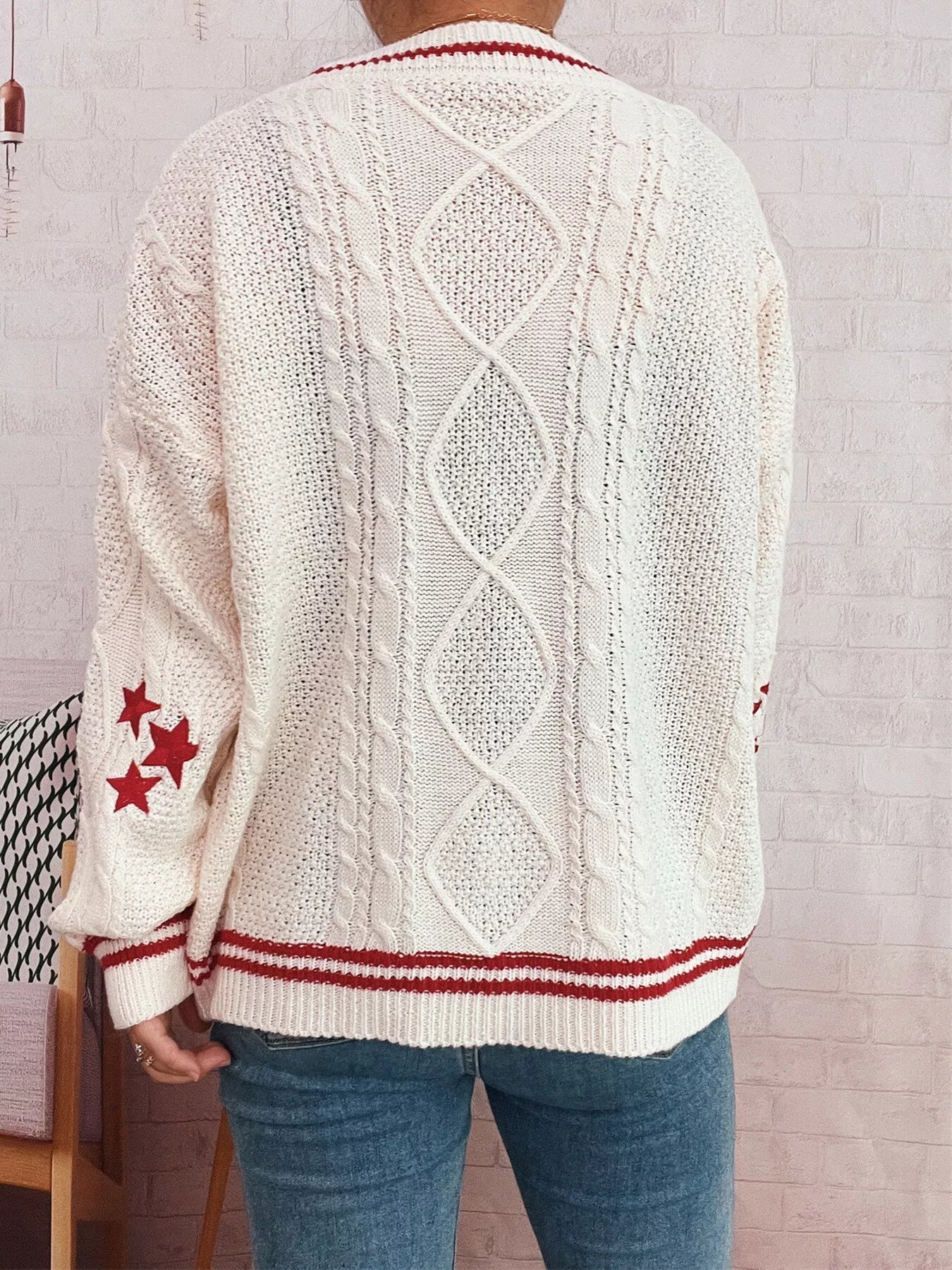 Star Pattern Button - Up Cardigan with Contrast Trim - MAD RUFFI