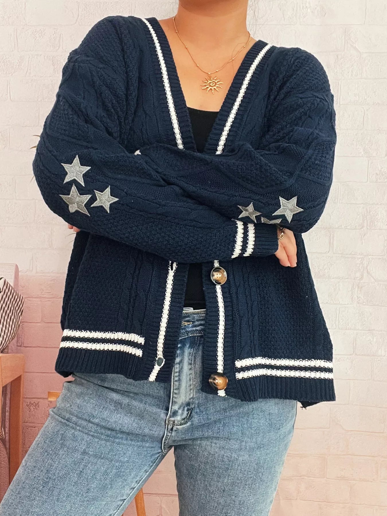 Star Pattern Button - Up Cardigan with Contrast Trim - MAD RUFFI