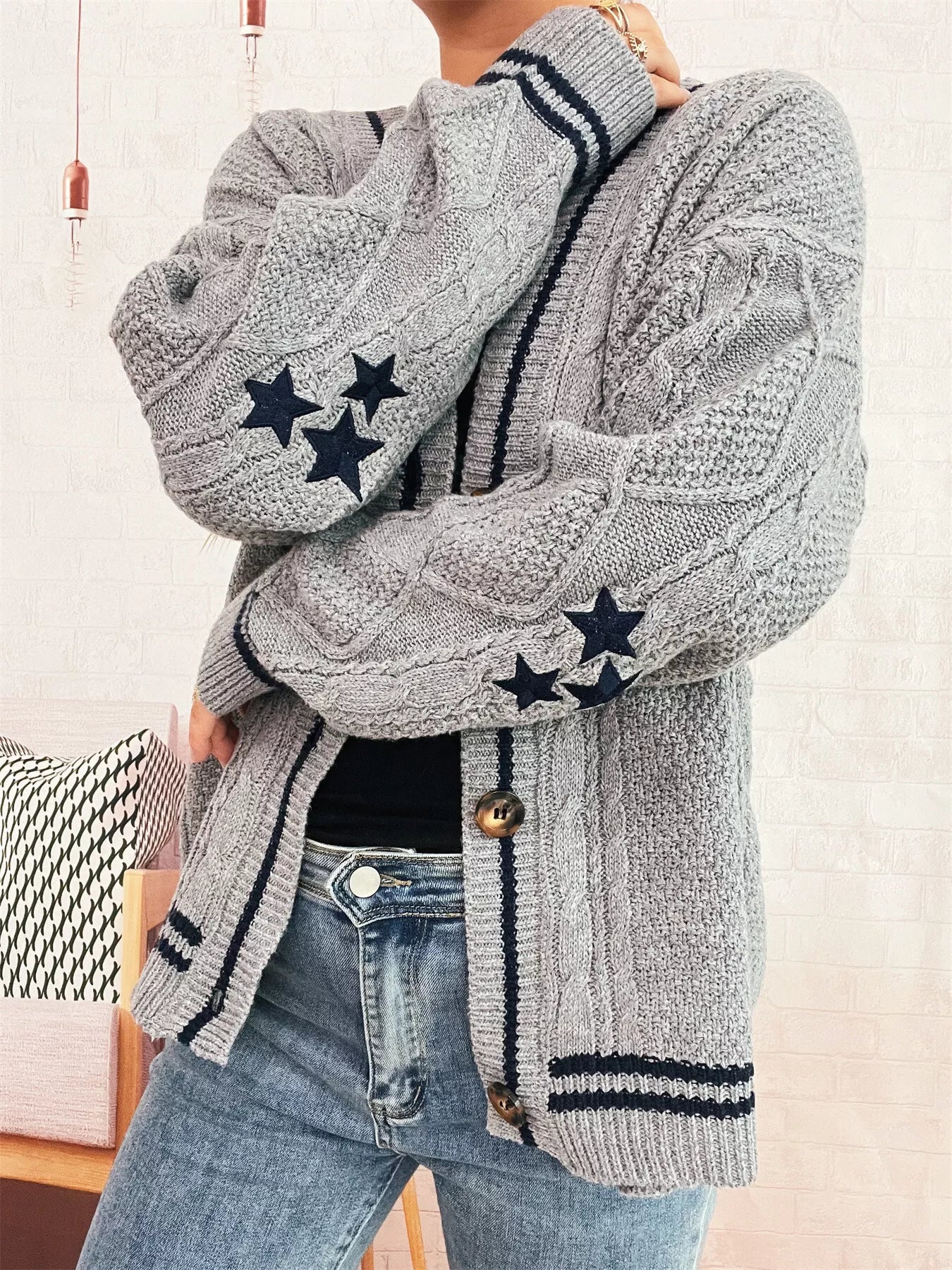 Star Pattern Button - Up Cardigan with Contrast Trim - MAD RUFFI