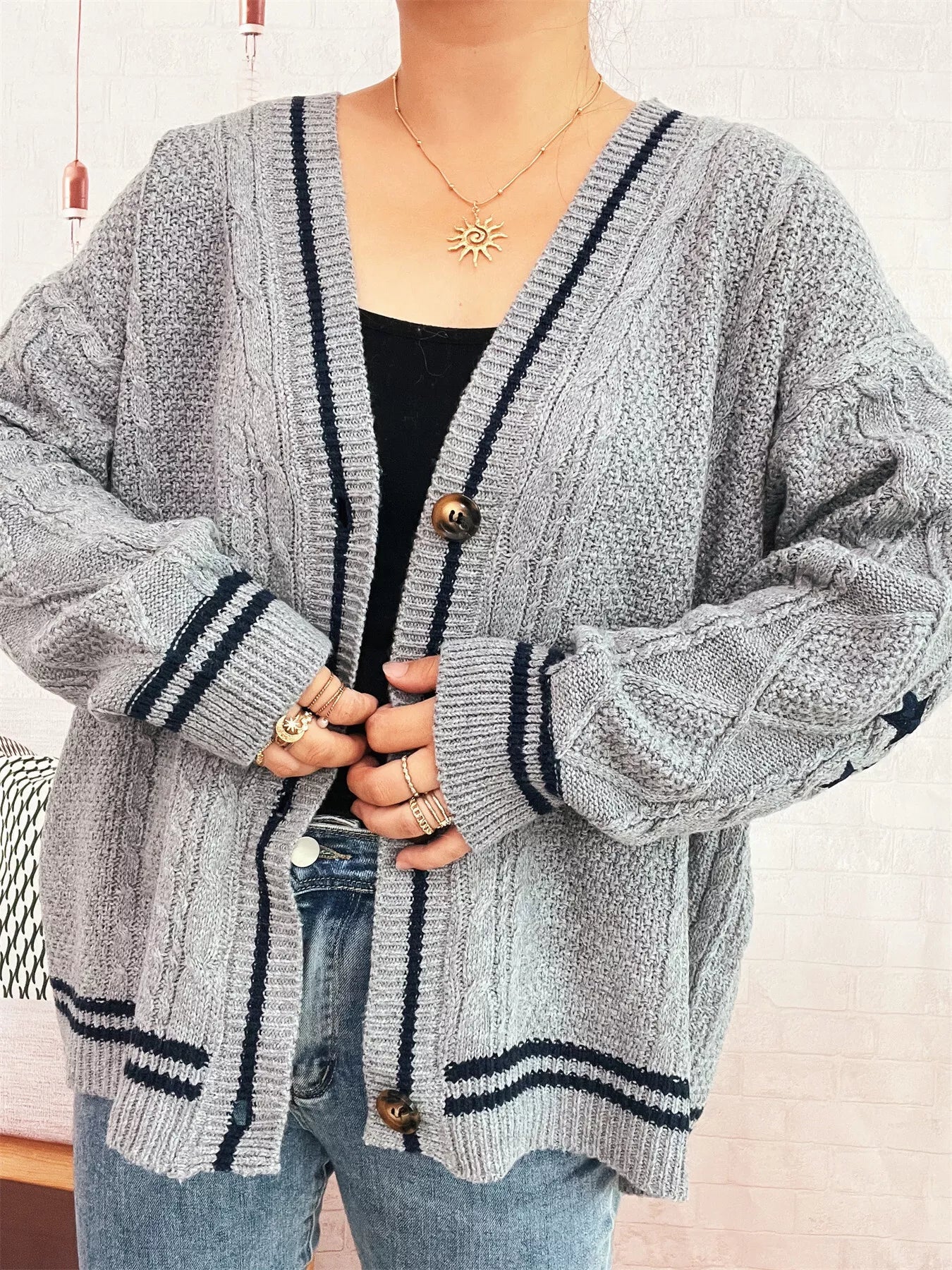 Star Pattern Button - Up Cardigan with Contrast Trim - MAD RUFFI