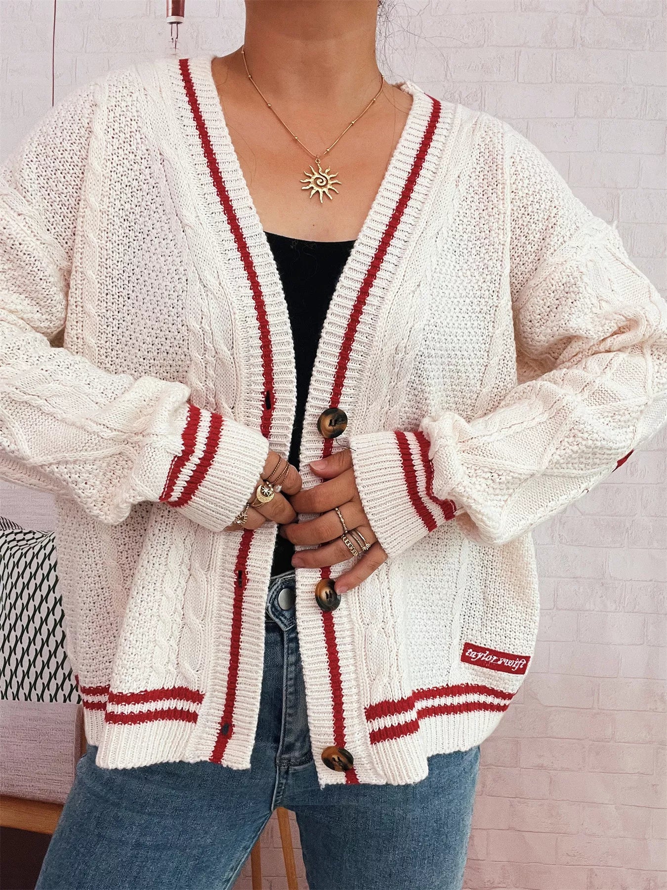 Star Pattern Button - Up Cardigan with Contrast Trim - MAD RUFFI