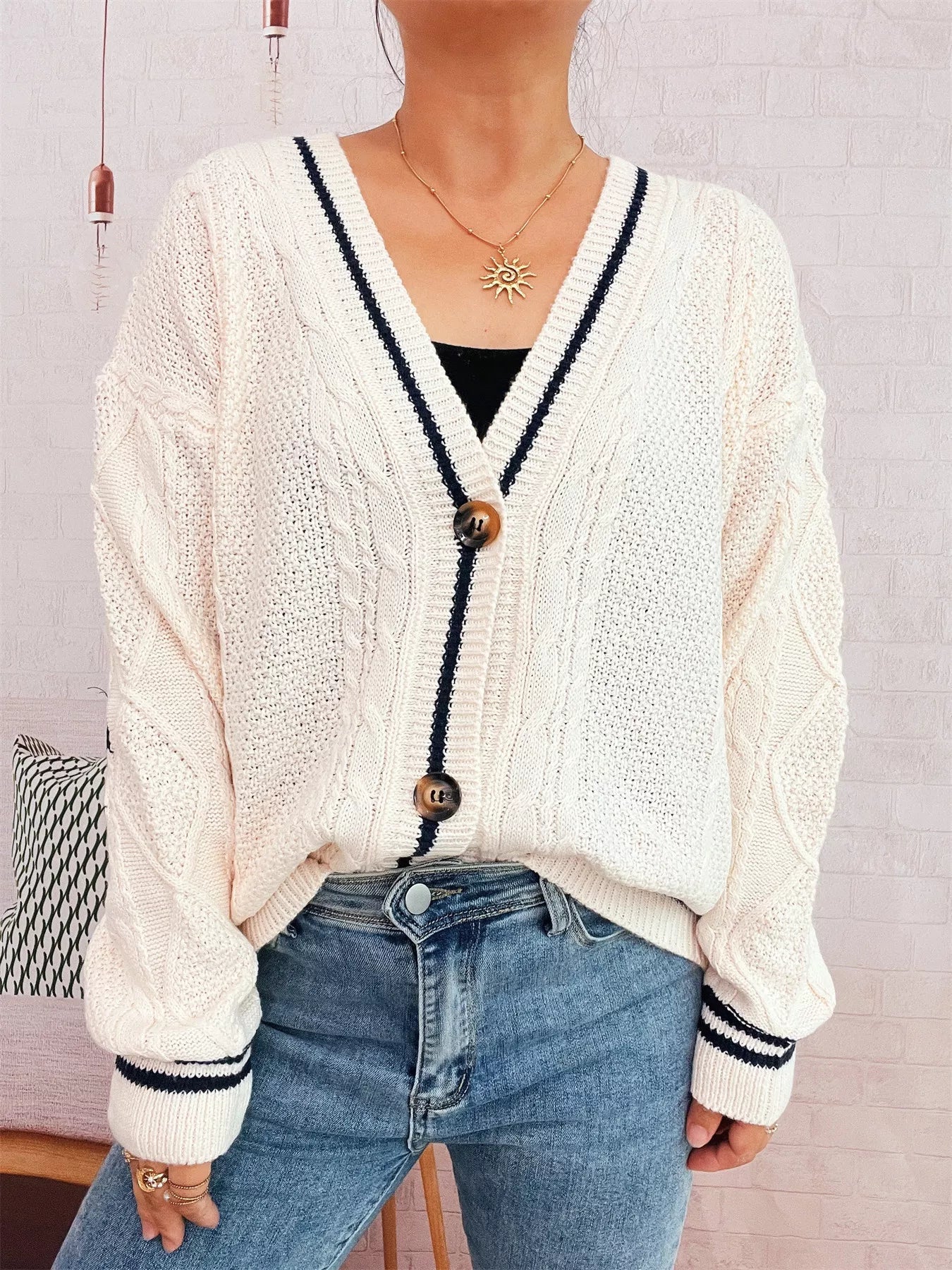 Star Pattern Button - Up Cardigan with Contrast Trim - MAD RUFFI