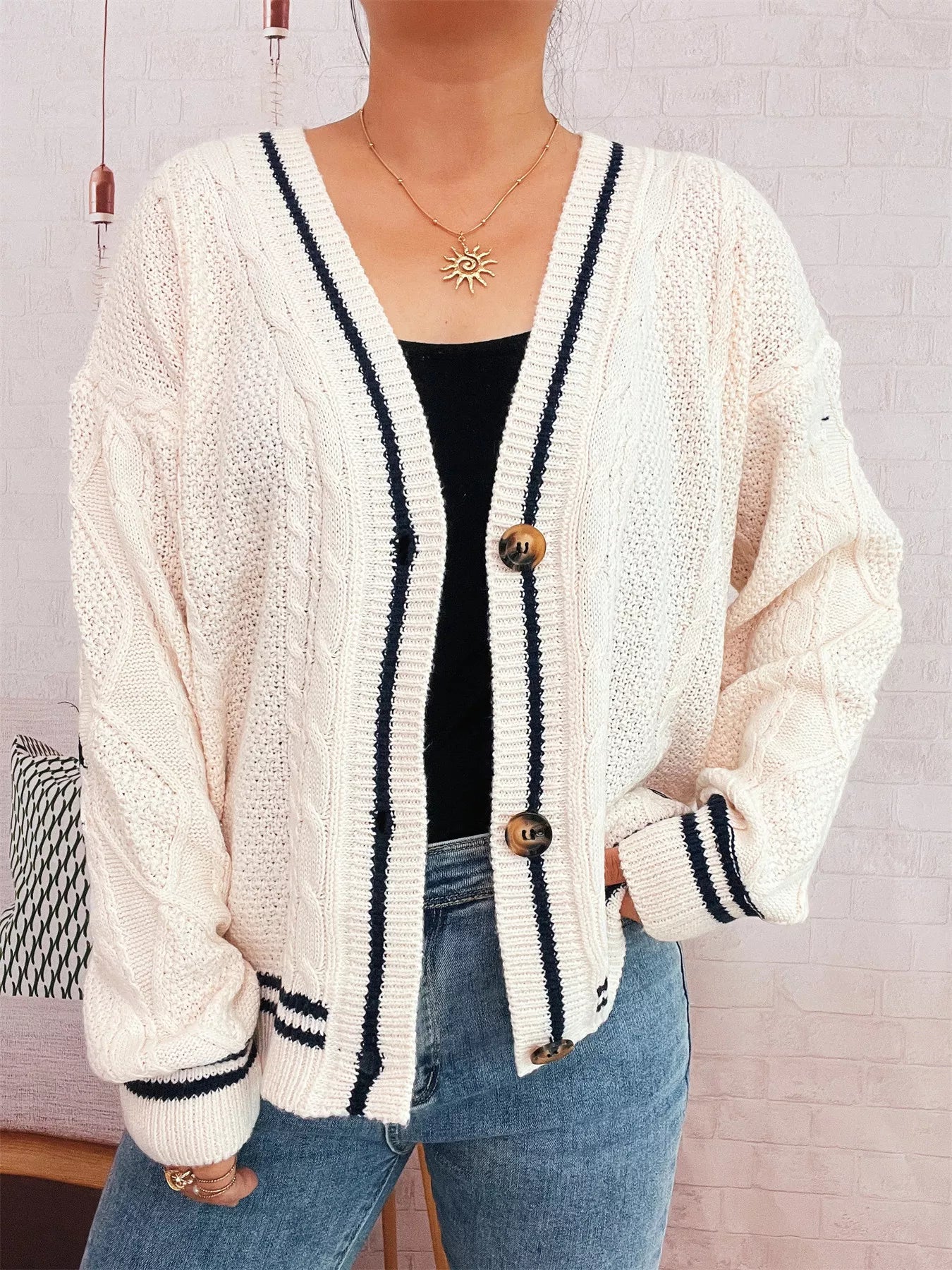 Star Pattern Button - Up Cardigan with Contrast Trim - MAD RUFFI