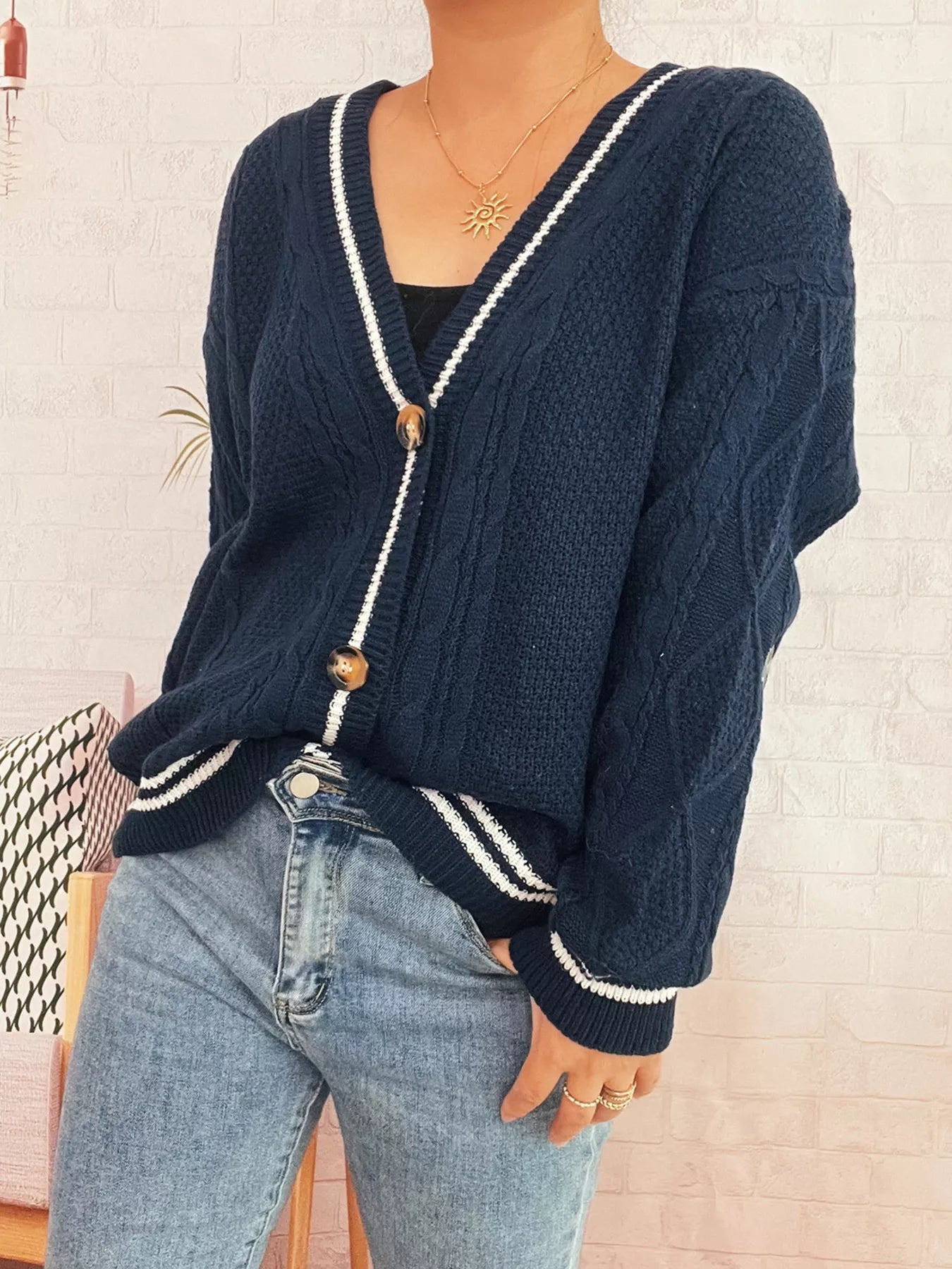 Star Pattern Button - Up Cardigan with Contrast Trim - MAD RUFFI