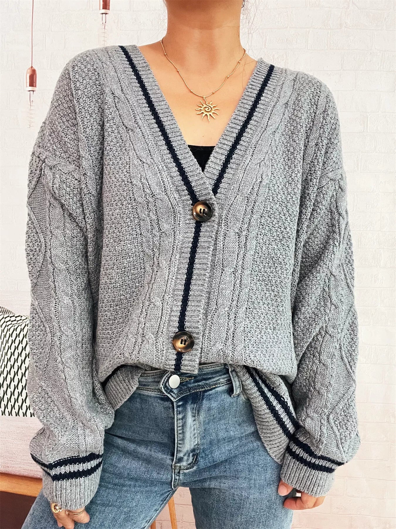 Star Pattern Button - Up Cardigan with Contrast Trim - MAD RUFFI