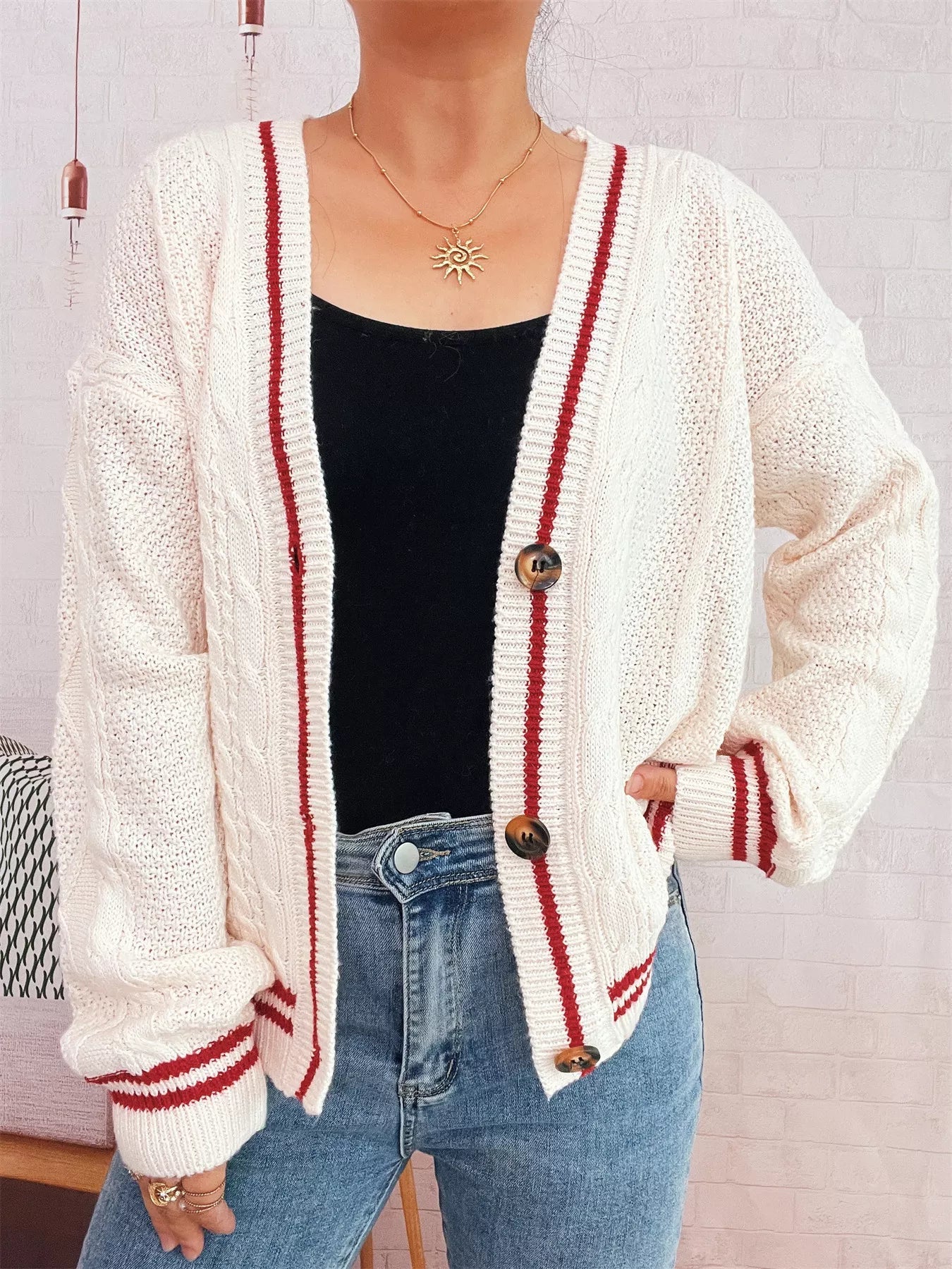 Star Pattern Button - Up Cardigan with Contrast Trim - MAD RUFFI