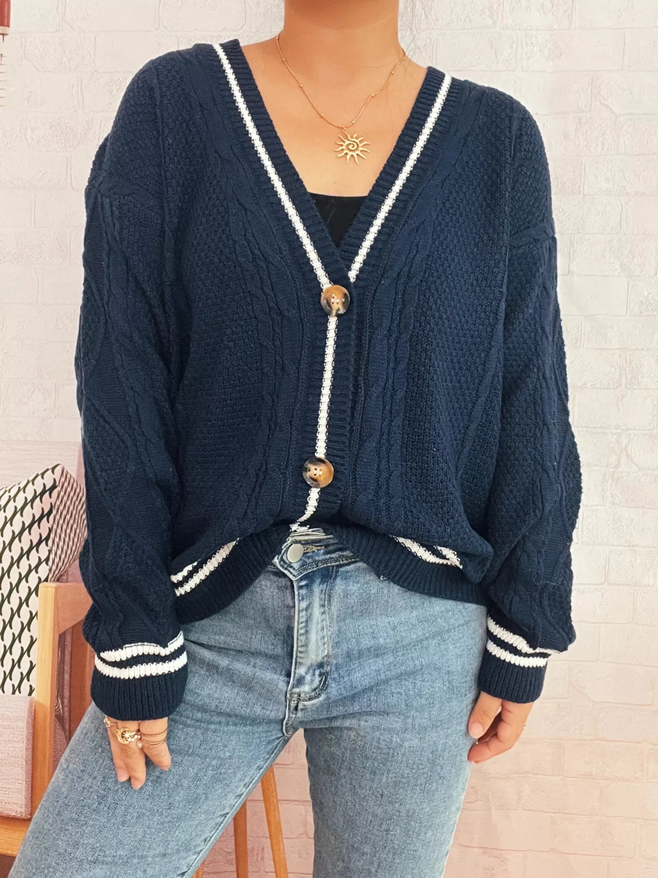 Star Pattern Button - Up Cardigan with Contrast Trim - MAD RUFFI