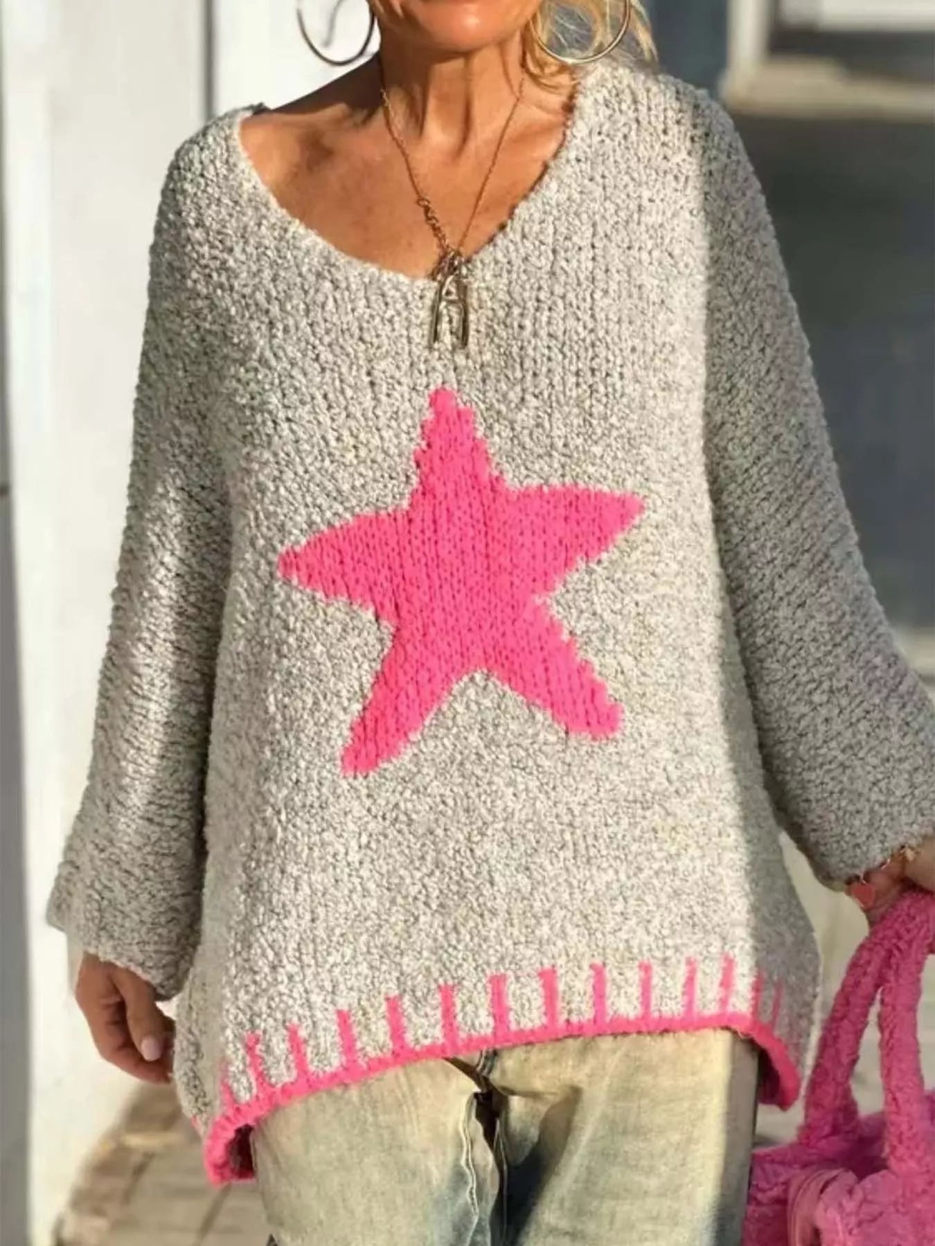 Star V - Neck Long Sleeve Sweater - MAD RUFFI