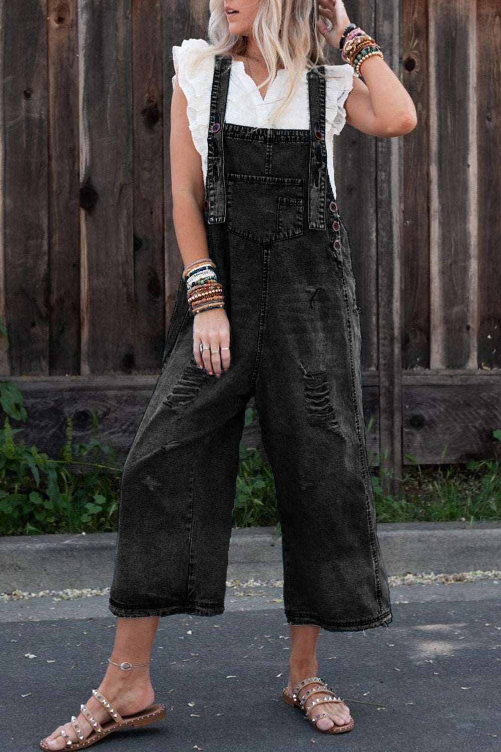 Stone Blue Distressed Bib Pocket Wide Leg Denim Overall - MAD RUFFI