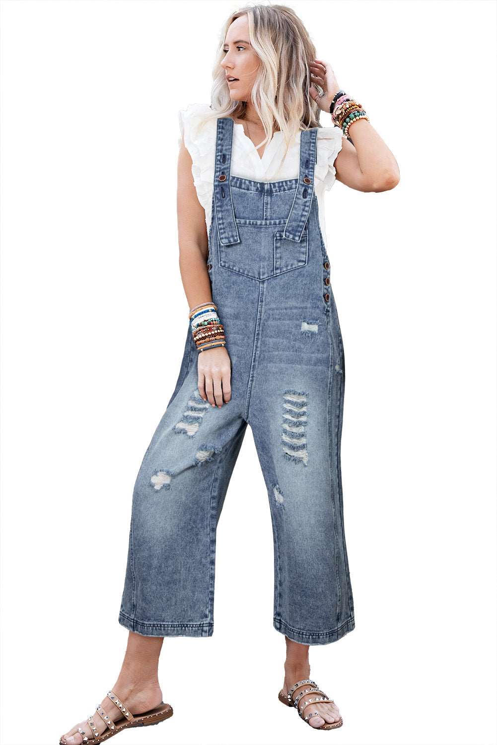 Stone Blue Distressed Bib Pocket Wide Leg Denim Overall - MAD RUFFI