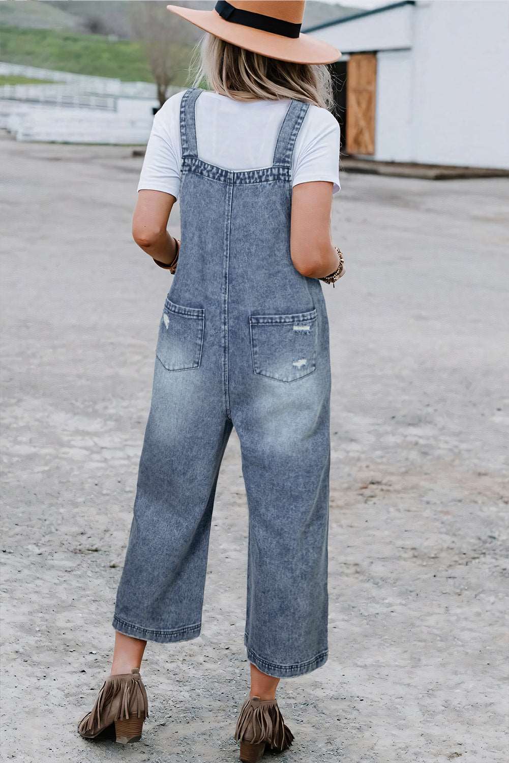 Stone Blue Distressed Bib Pocket Wide Leg Denim Overall - MAD RUFFI