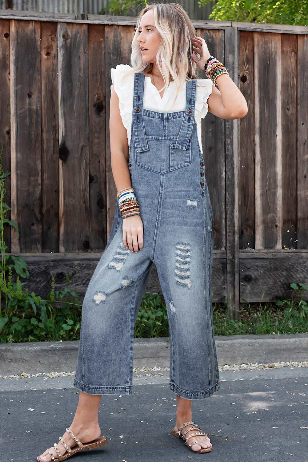 Stone Blue Distressed Bib Pocket Wide Leg Denim Overall - MAD RUFFI