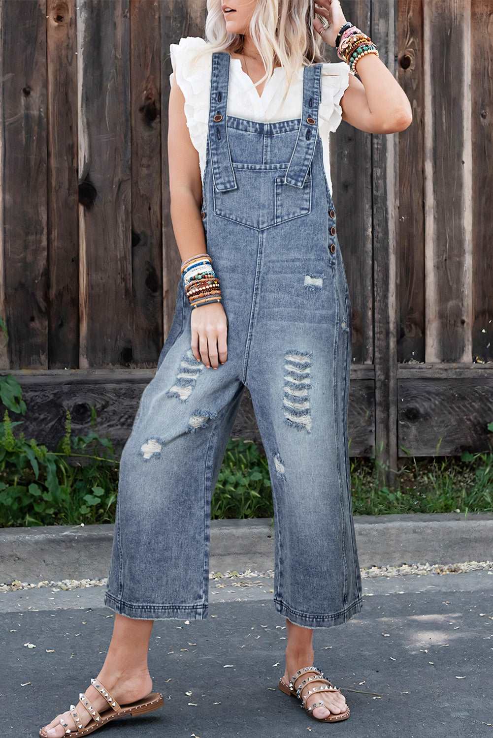 Stone Blue Distressed Bib Pocket Wide Leg Denim Overall - MAD RUFFI