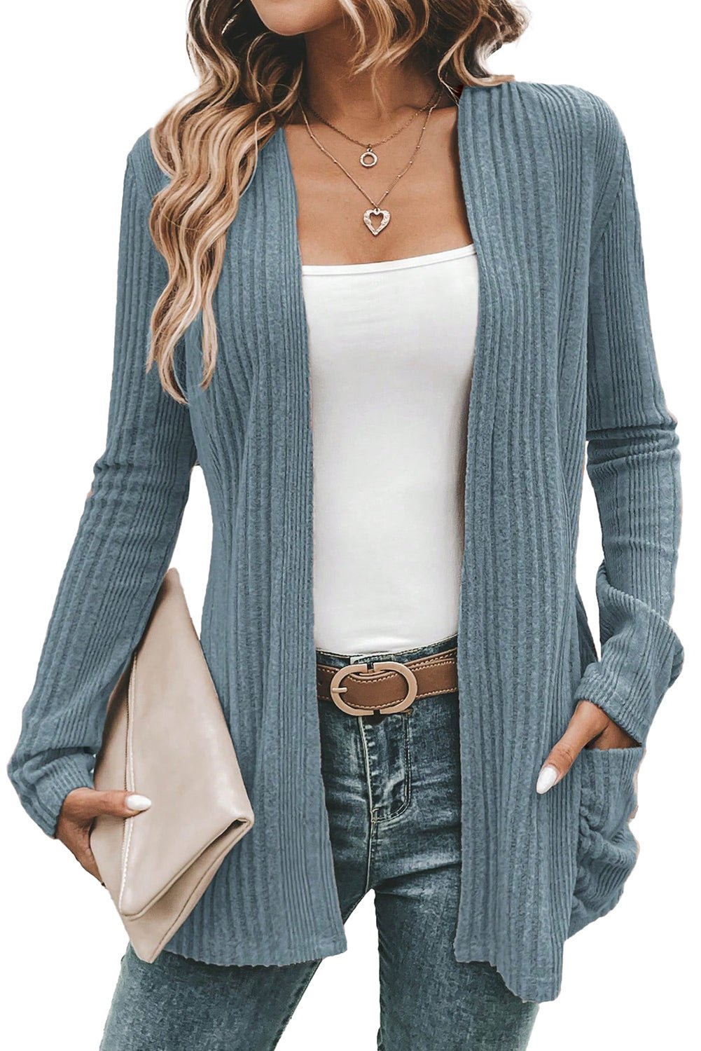 Stone Blue Ribbed Open Front Knitted Top with Pockets - MAD RUFFI