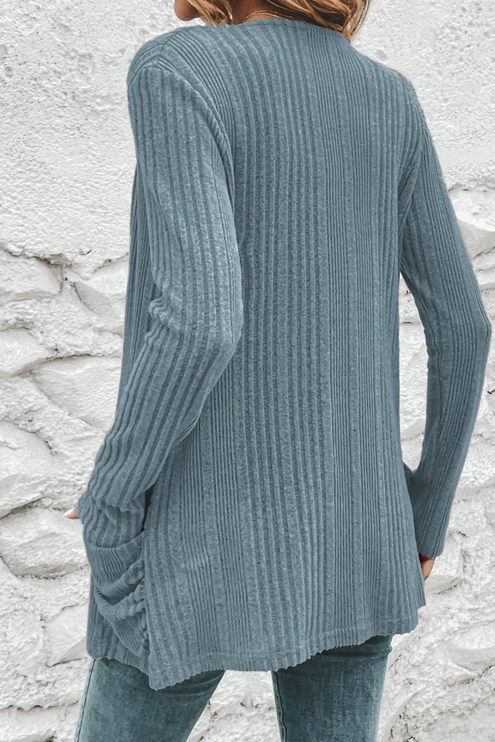 Stone Blue Ribbed Open Front Knitted Top with Pockets - MAD RUFFI