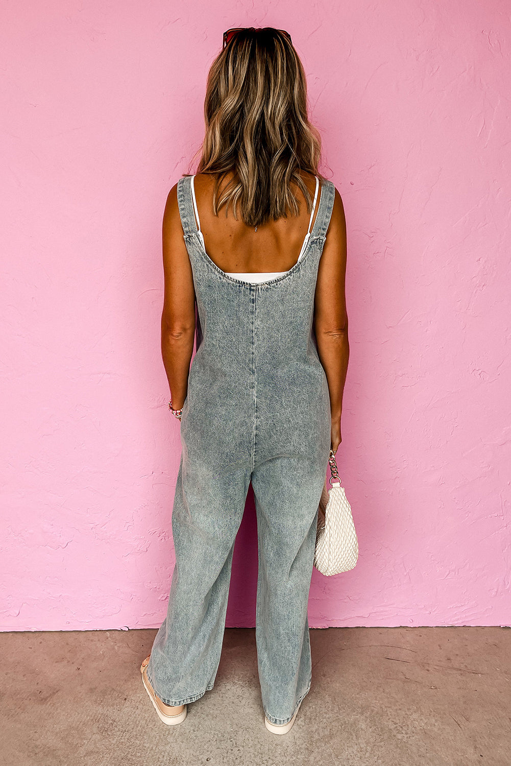 Stone Blue Washed Denim Half Button Pocket Wide Leg Overalls - MAD RUFFI